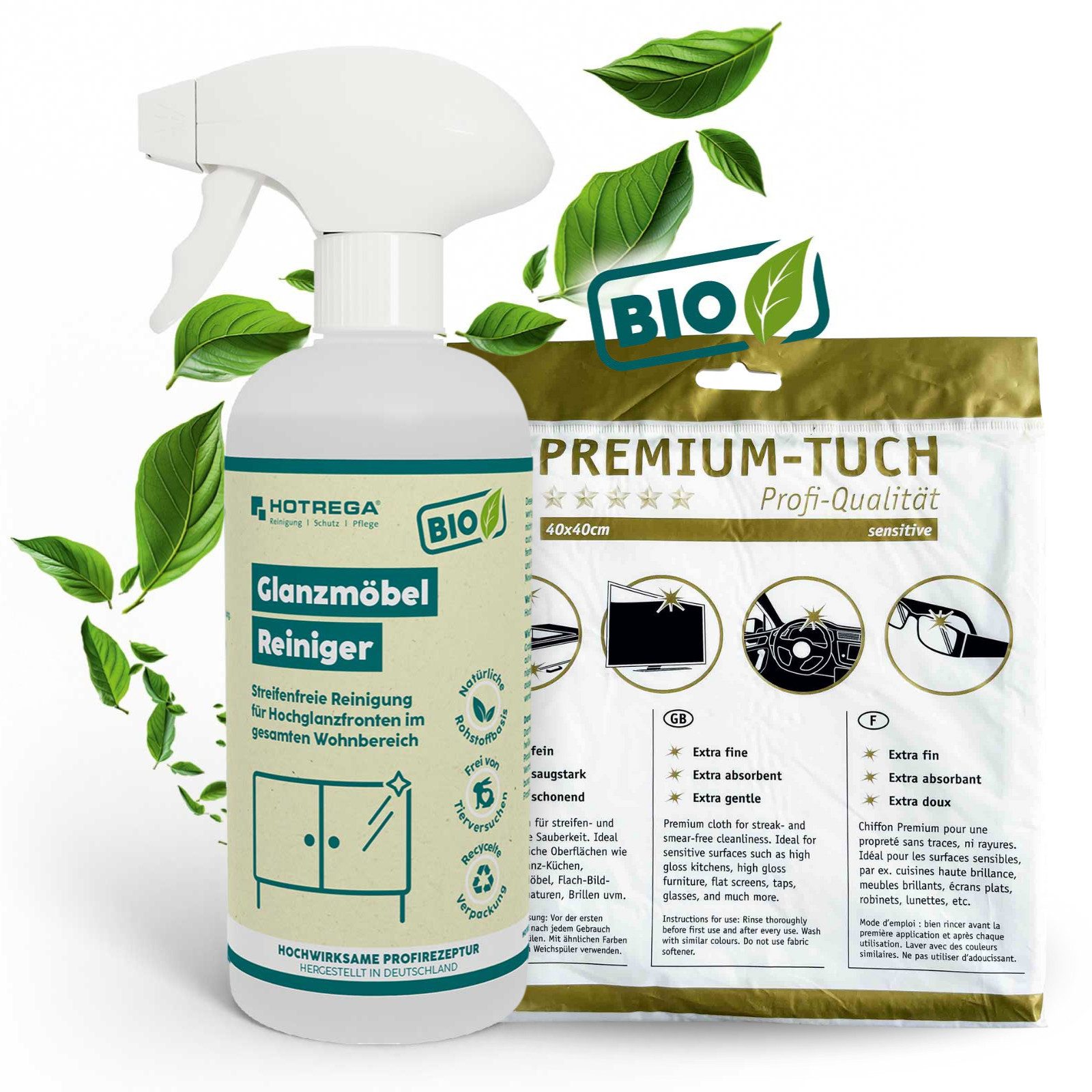HOTREGA® BIO Glanzmöbel Reiniger 500ml + Premiumtuch Küchenreiniger