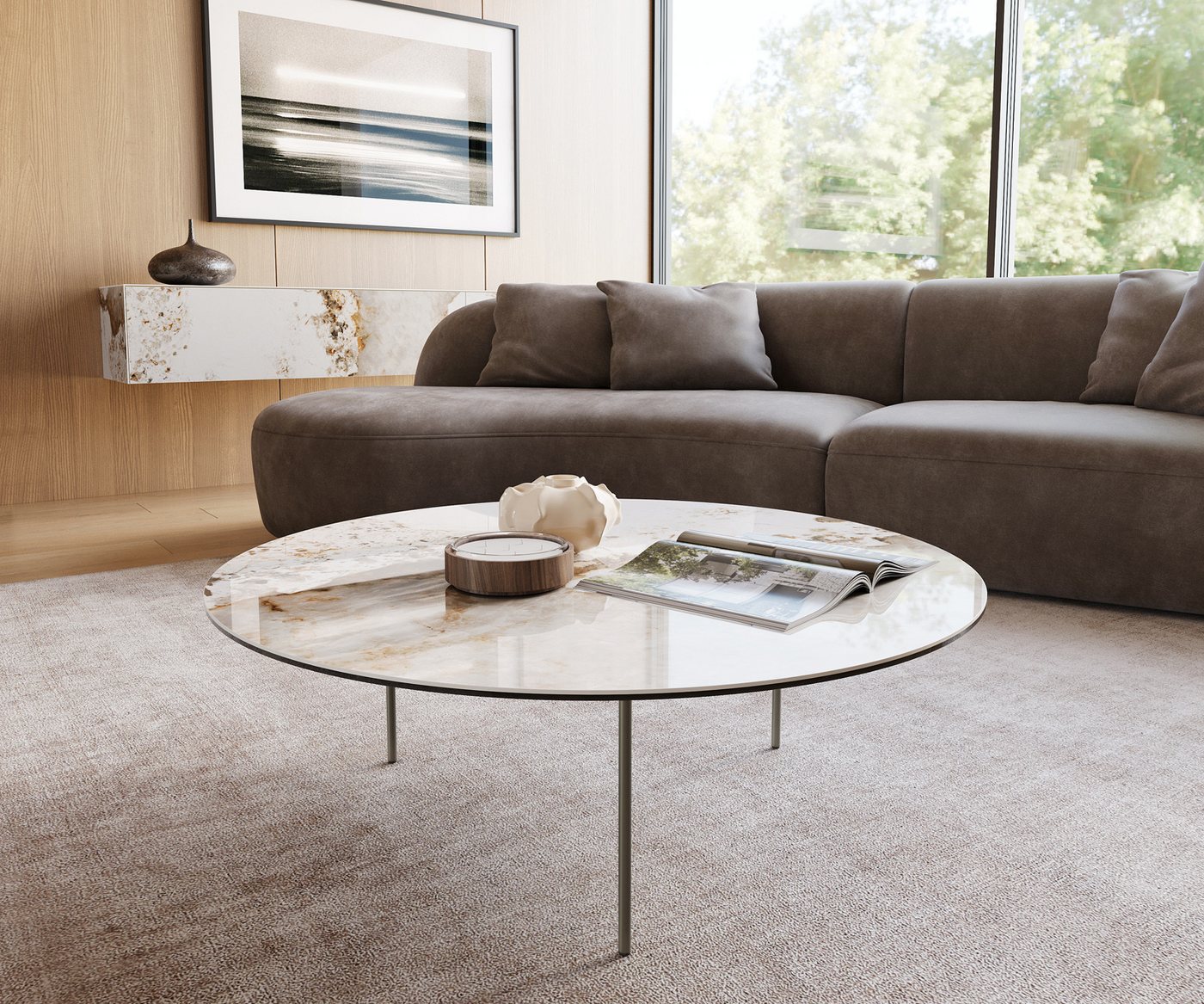 DELIFE Couchtisch Edge, Rund 100x100 cm Keramik Minas Melange Trive Metall Effektfinish Titan