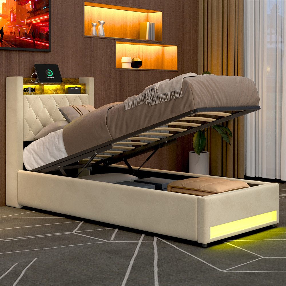 REDOM Polsterbett Ausstattung mit Premium-Samt (Kombinierter Rahmen aus Holz und Eisen • atmungsaktiver Polsterschaum • serienmäßig mit Lattenrost, 1-tlg., 90*200), Mit LED-Lichtleiste und USB-Aufladung