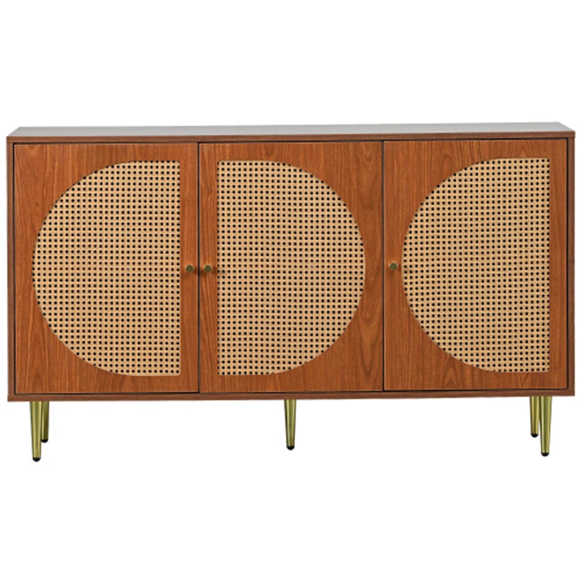 Celya Sideboard Sideboard mit 3 Rattan verzierten Türen Kommode Highboard,130cm, mit Metallgriffe