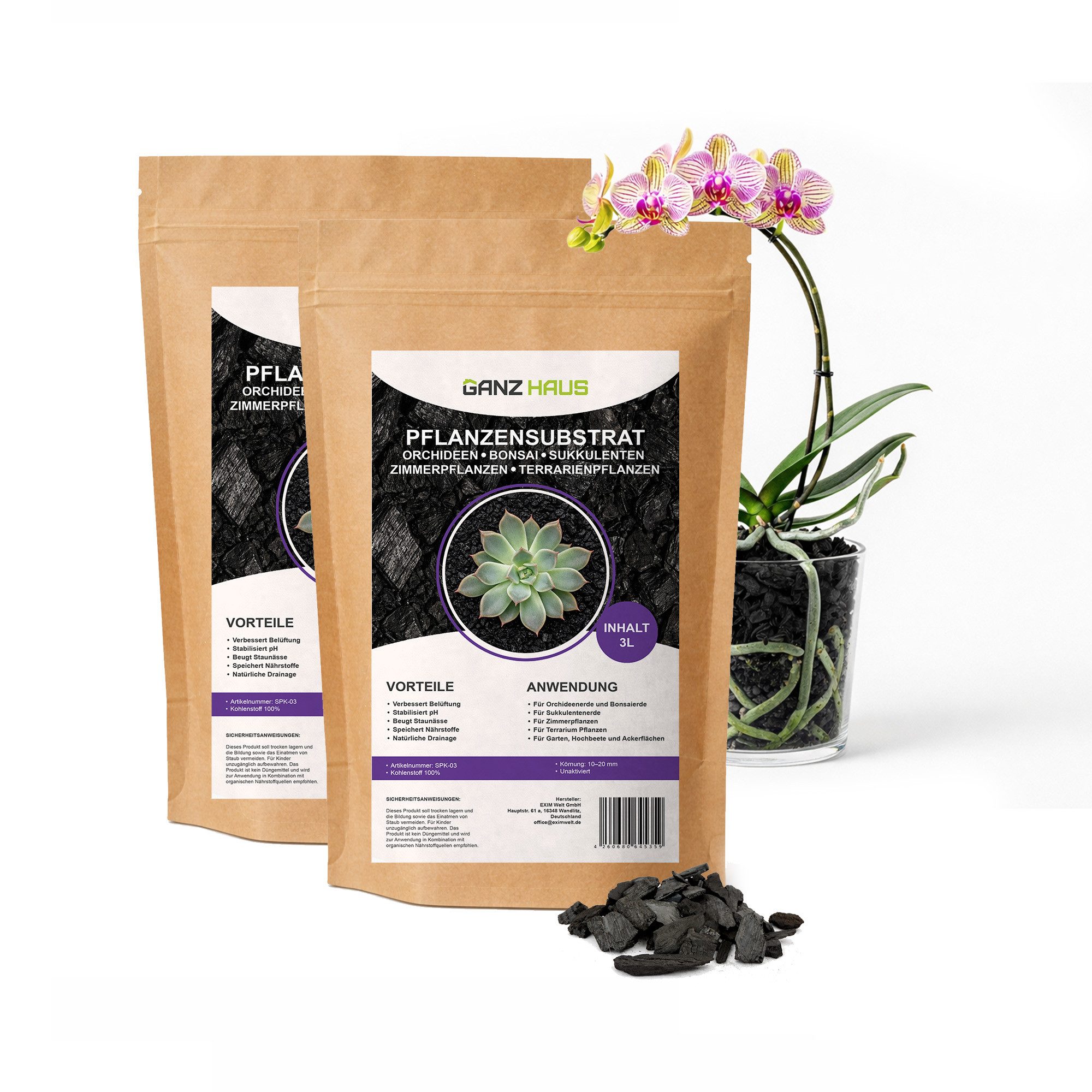 GanzHaus Pflanzgranulat Orchideensubstrat Bodenaktivator Charcoal Substrat Drainage Kohle, mit Pflanzenkohle Substrat, Aktivkohle für Orchideenerde Sukkulentenerde Bonsaierde Zimmerpflanzen