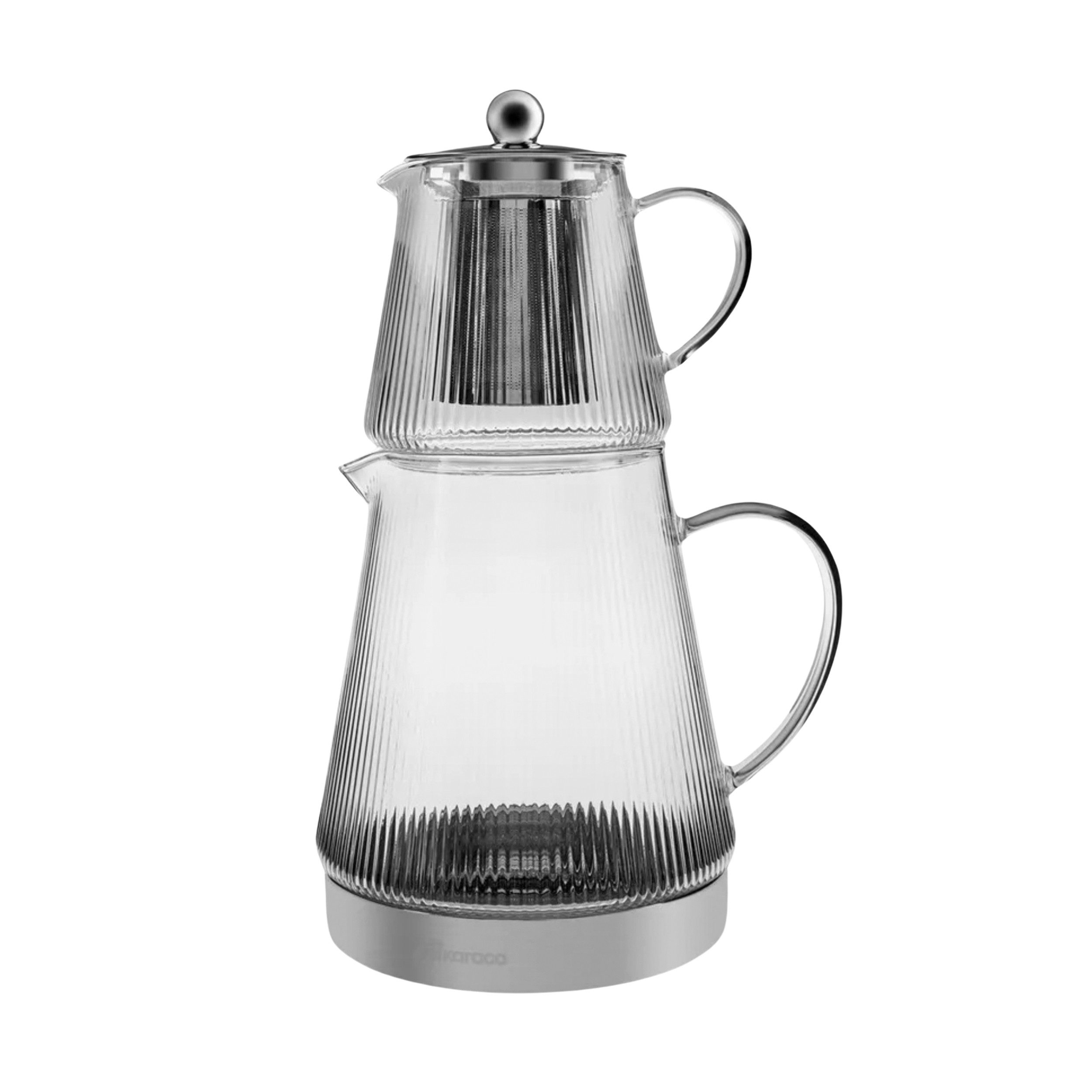 Karaca Teekanne Karaca Keops XL Borosilikat Glas-Teekannen-Set, 1.95L, Silber-Design, 1.95 l, Induktionsgeeignet, elegantes Design