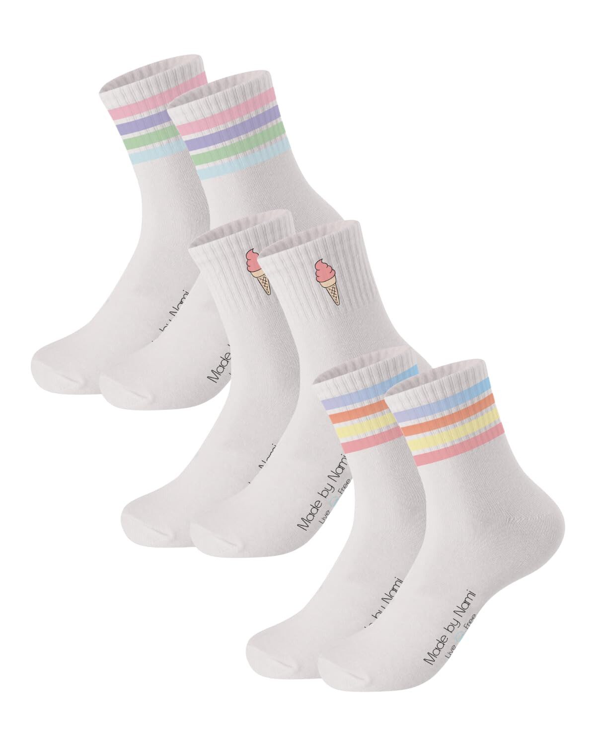 Made by Nami Шкарпетки Crew Socks Tennissocken weiß - Print - Baumwolle (3-Paar) 35-40, atmungsaktiv