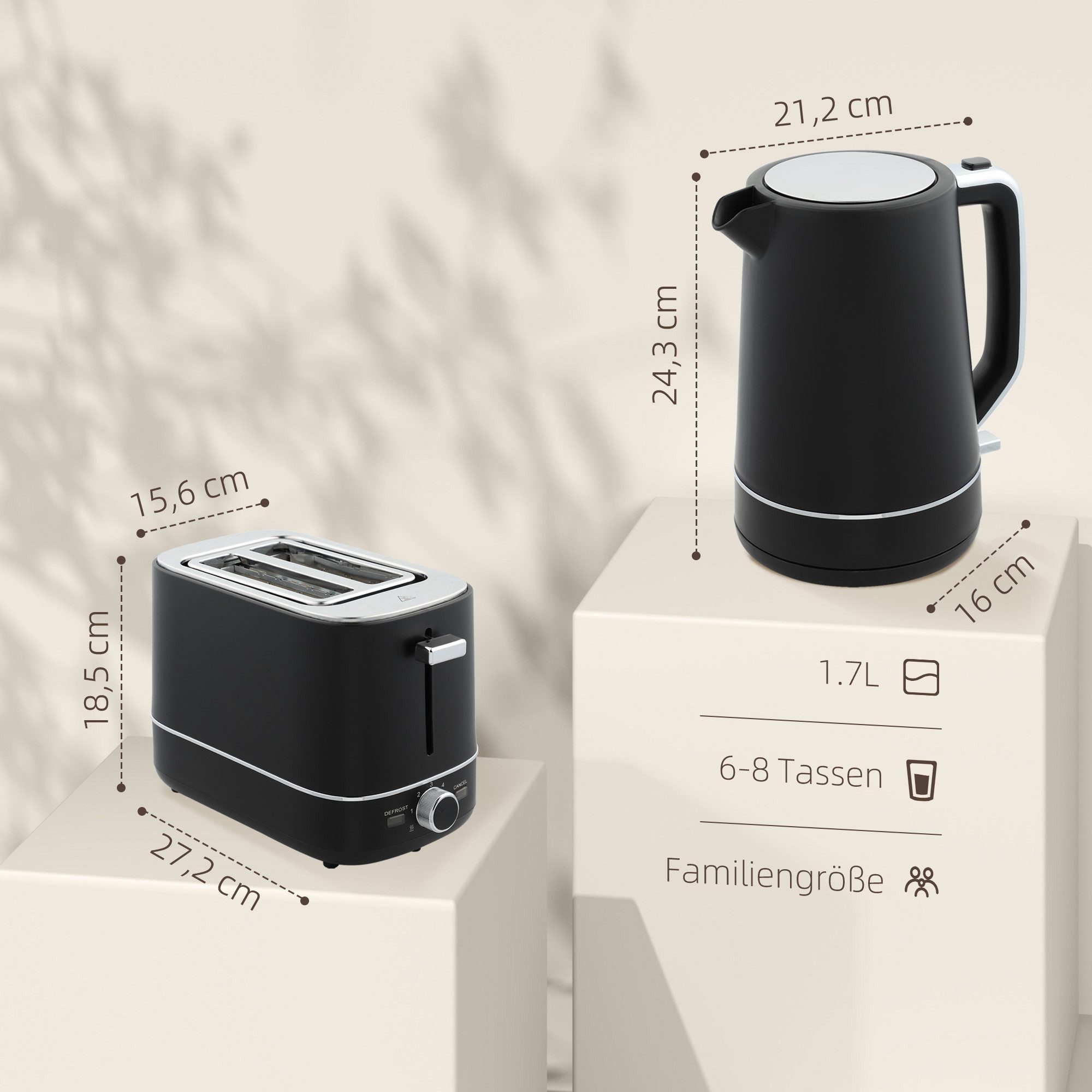 HOMCOM Toaster Wasserkocher Set 2200 W 1,7L Wasserkocher, 2 Scheiben Toaster, 2 Schlitze, für 2 Scheiben, 2200 W, Wasserkocher und Toaster mit 6 Bräunungsstufen, Stahl, Schwarz