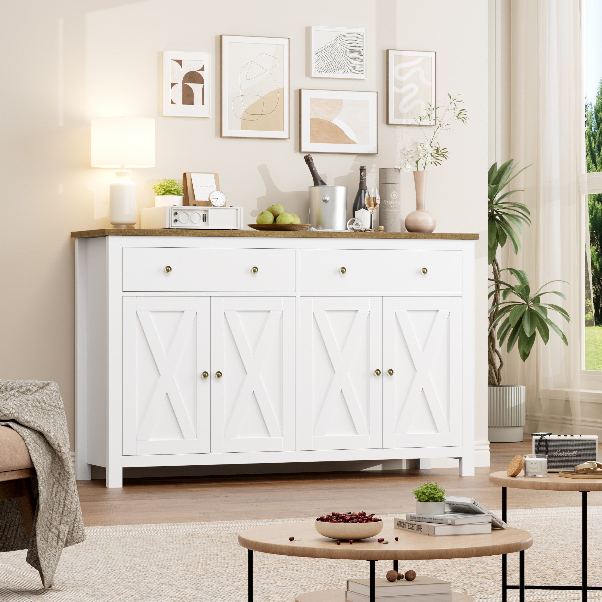 Homfa Sideboard für Küche 140cm Breit, Küchenschrank Buffetschrank mit 2 Schubladen 4 Türen 140x40x89cm weiß – Bild 5 von 5