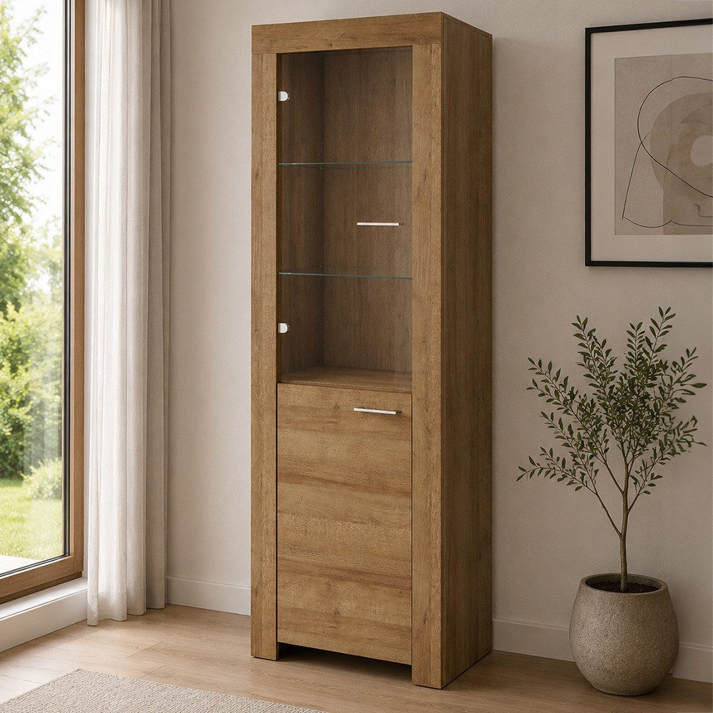 Lomadox Vitrine STEGNA-160 Eiche Nb., 70 cm breit, 1 Tür, 1 Glastür, Softclose-Funktion