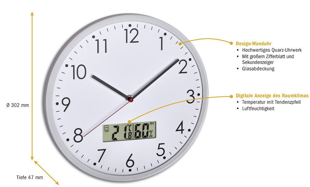 TFA Dostmann Wanduhr Analog TFA 60.3048.02 mit Temperatur und Luftfeuchte günstig online kaufen