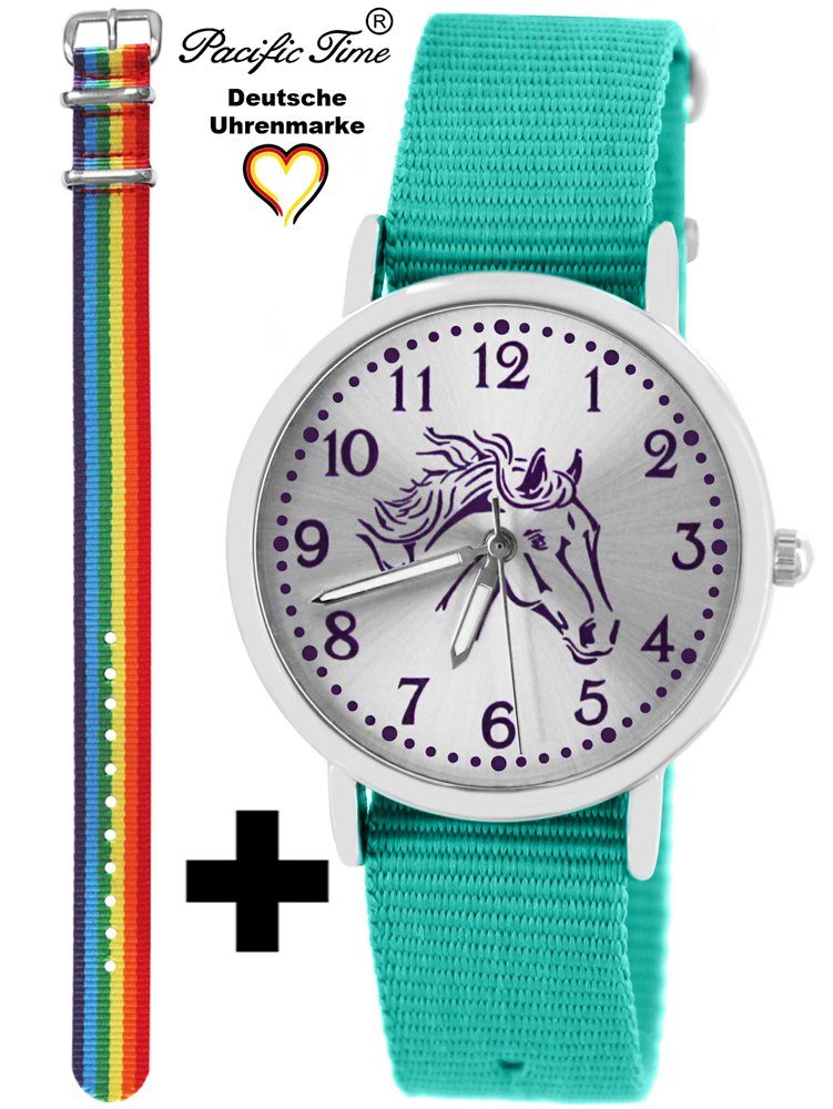 Pacific Time Quarzuhr Set - Design Mix violett Gratis Wechselarmband, türkis und Armbanduhr Regenbogen Versand Kinder und Match Pferd