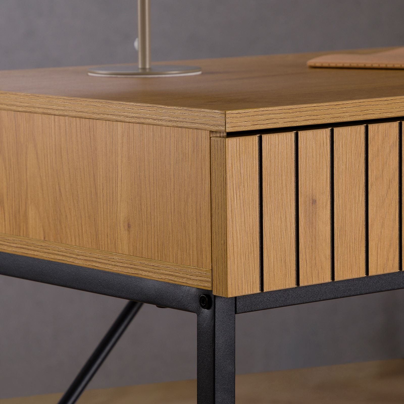 IDIMEX Schreibtisch PALE, Konsolentisch mit 2 Schubladen, Metallgestell & Rillendesign Wildeiche