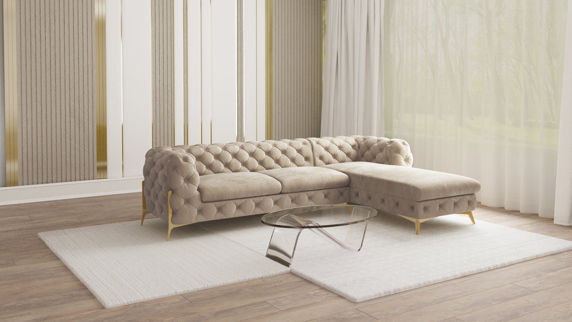 S-Style Möbel Ecksofa Ashley mit Ottomane, Chesterfield mit Goldenen Metall Füßen, Ottomane links oder rechts bestellbar, mit Wellenfederung