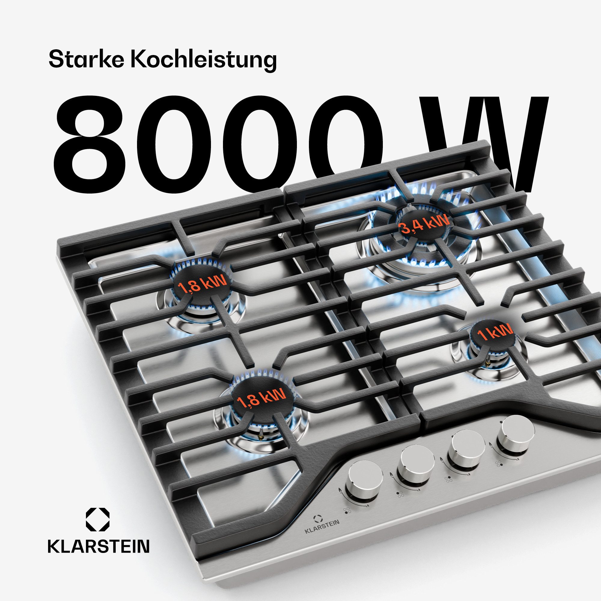 Klarstein Gas-Kochfeld Turbocast 10046700, Gaskochfeld 4 Brenner Elektrische Zündung Küche – Bild 4 von 5