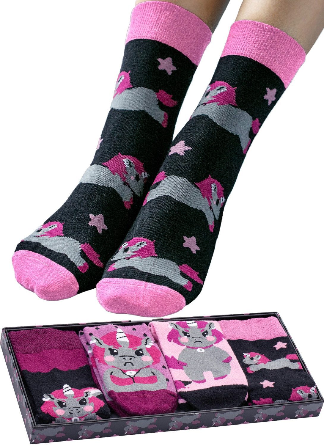 Corimori Haussocken Witzige Einhorn Baumwolle Socken 4er Set Geschenk-Box Unicorn Anime (Packung, 4-Paar, Geschenk) Einheitsgröße 36-44, Kawaii Strümpfe, plastikfreie Geschenkverpackung