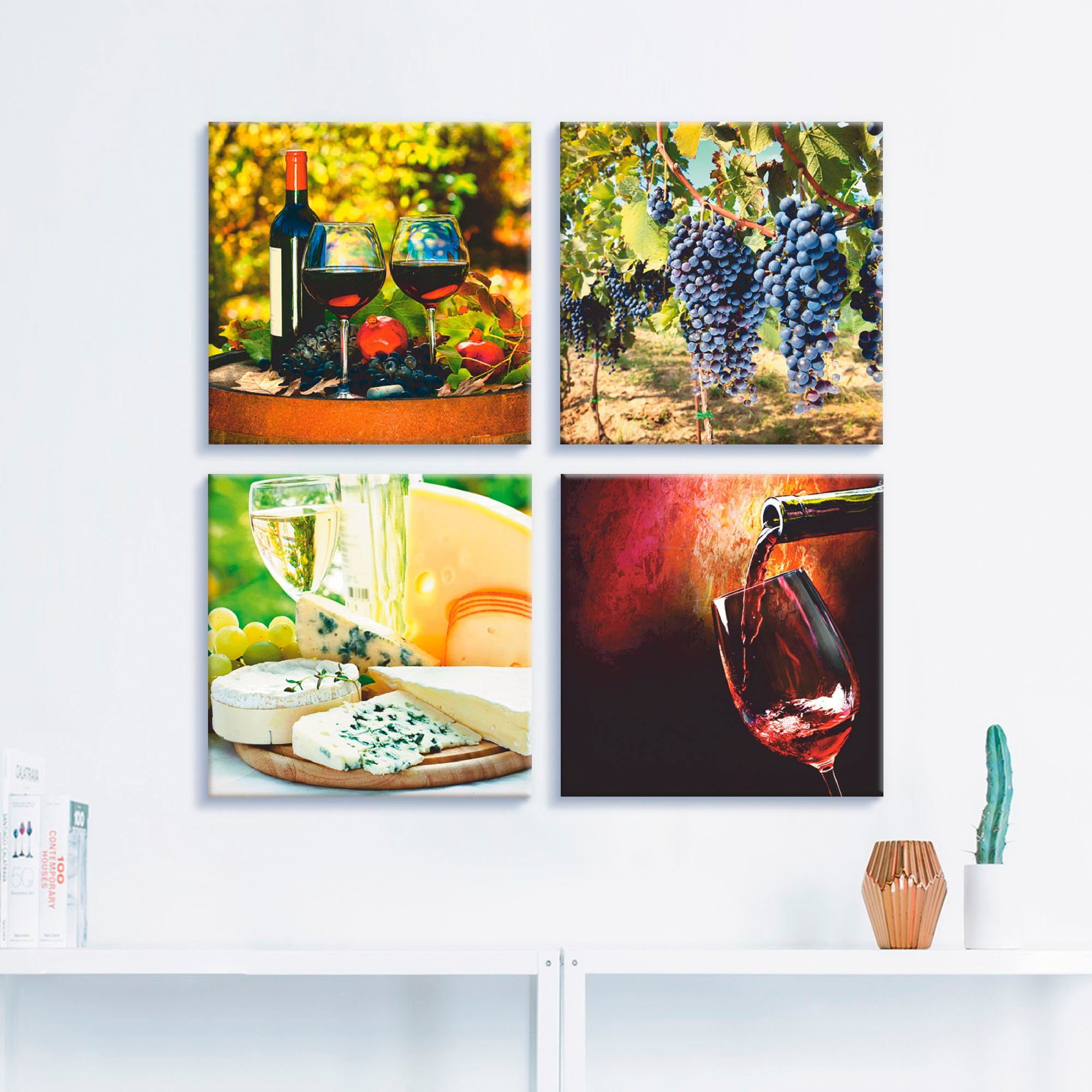 Artland Leinwandbild Gläser Rotwein, Trauben, Käse, Getränke (4 St), 4er Set, verschiedene Größen