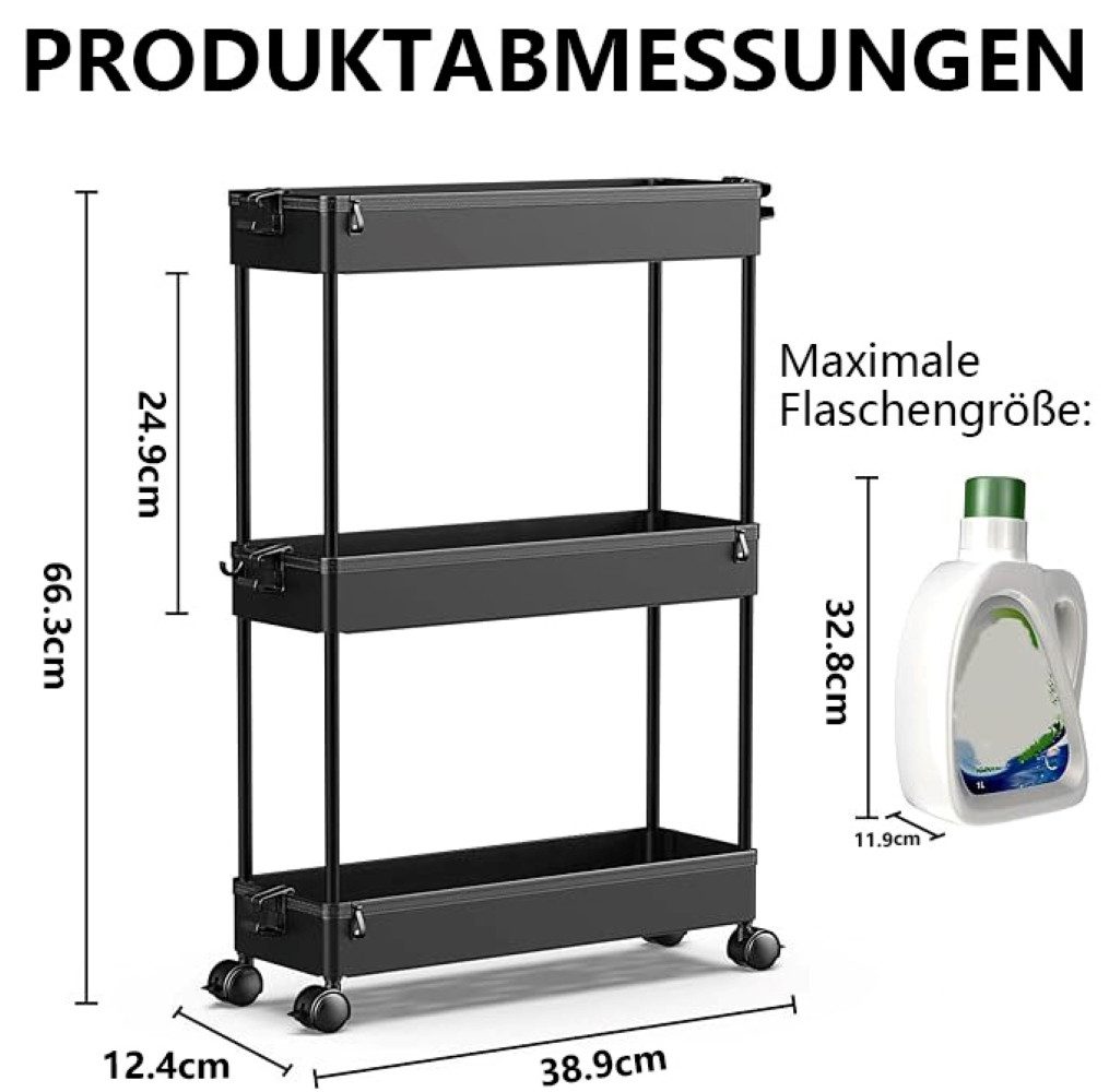SPACEKEEPER Servierwagen 3-stöckiger schmaler Rollwagen, Badorganizer, Küchenorganizer, (1 St), Mobiler Aufbewahrungswagen für enge Nischen, Küche & Wäscherei