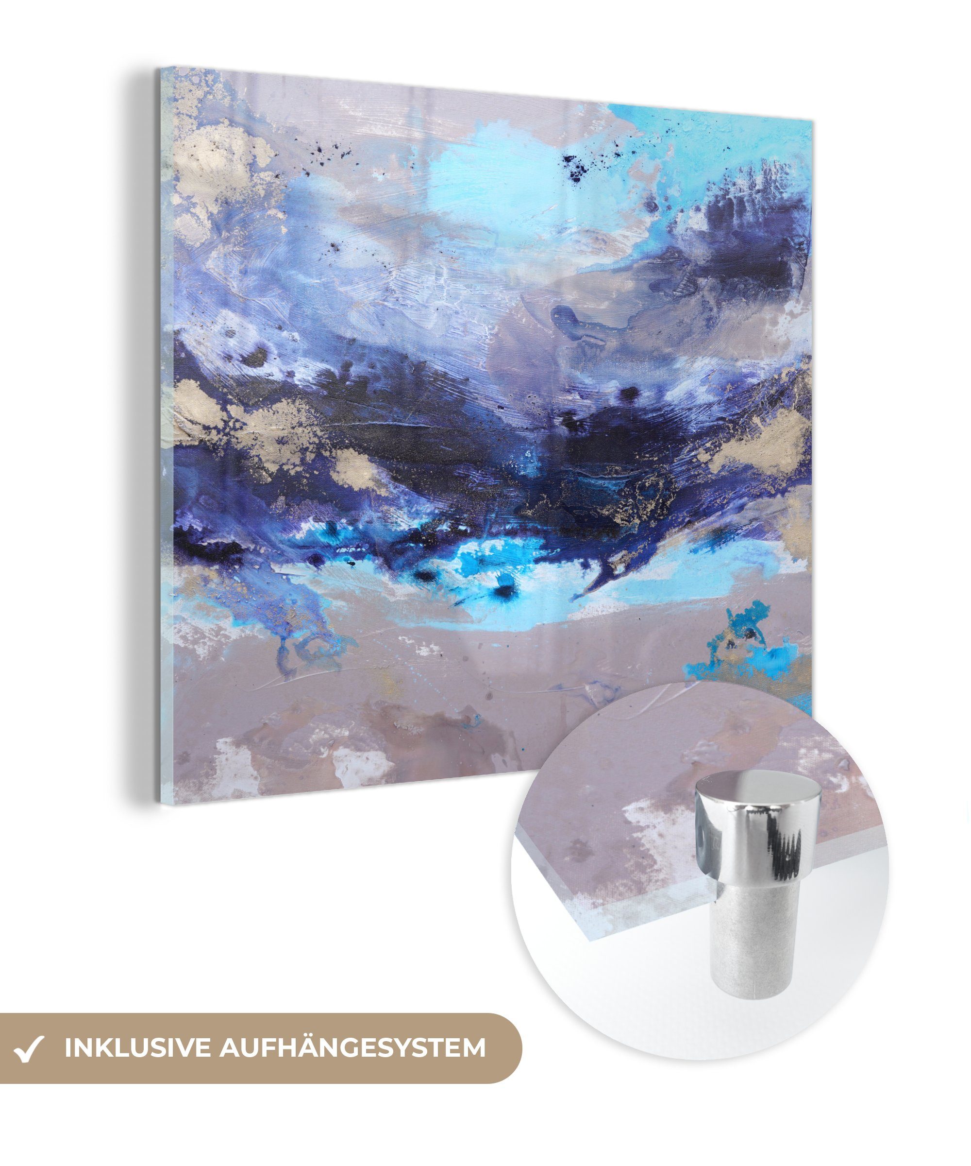 MuchoWow Acrylglasbild Blau - Grau - Kunst - Abstrakt - Farbe, (1 St), Glasbilder - Bilder auf Glas Wandbild - Foto auf Glas - Wanddekoration