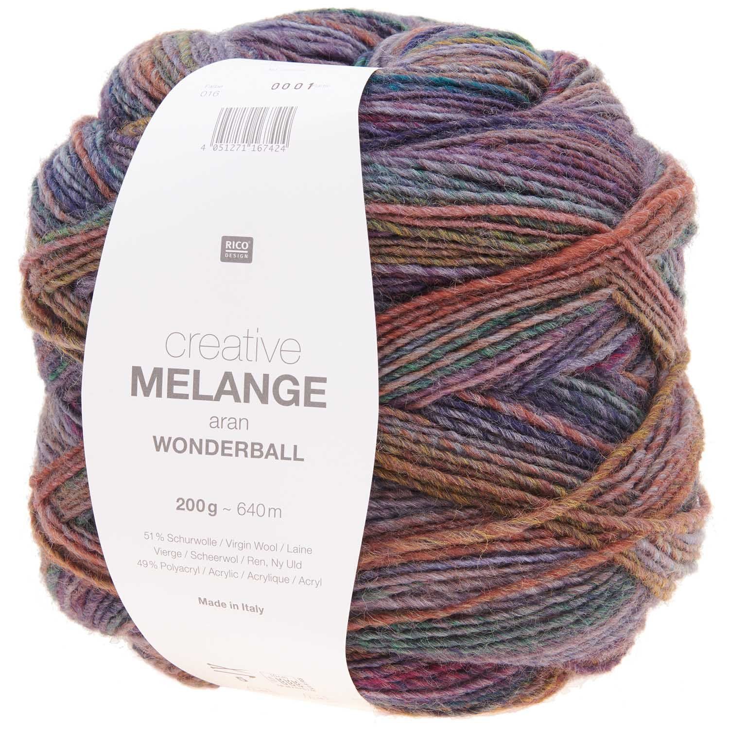 Rico Design Creative Melange Aran Wonderball Häkelwolle, 640,00 m (Wolle mit Farbverlauf zum stricken oder häkeln, Strickgarn Handstrickgarn Strickwolle, 200g), dicke Farbverlaufswolle
