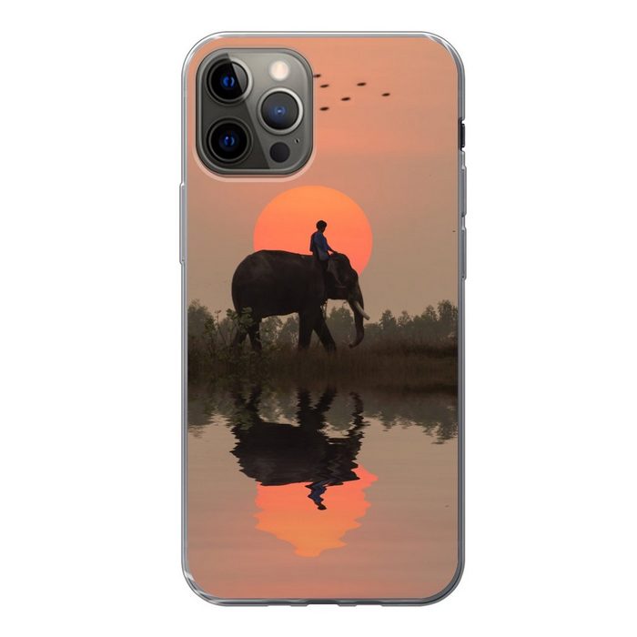 MuchoWow Handyhülle Ein Elefant in einem Reisfeld bei Sonnenuntergang in Thailand Handyhülle Apple iPhone 12 Pro Smartphone-Bumper Print Handy
