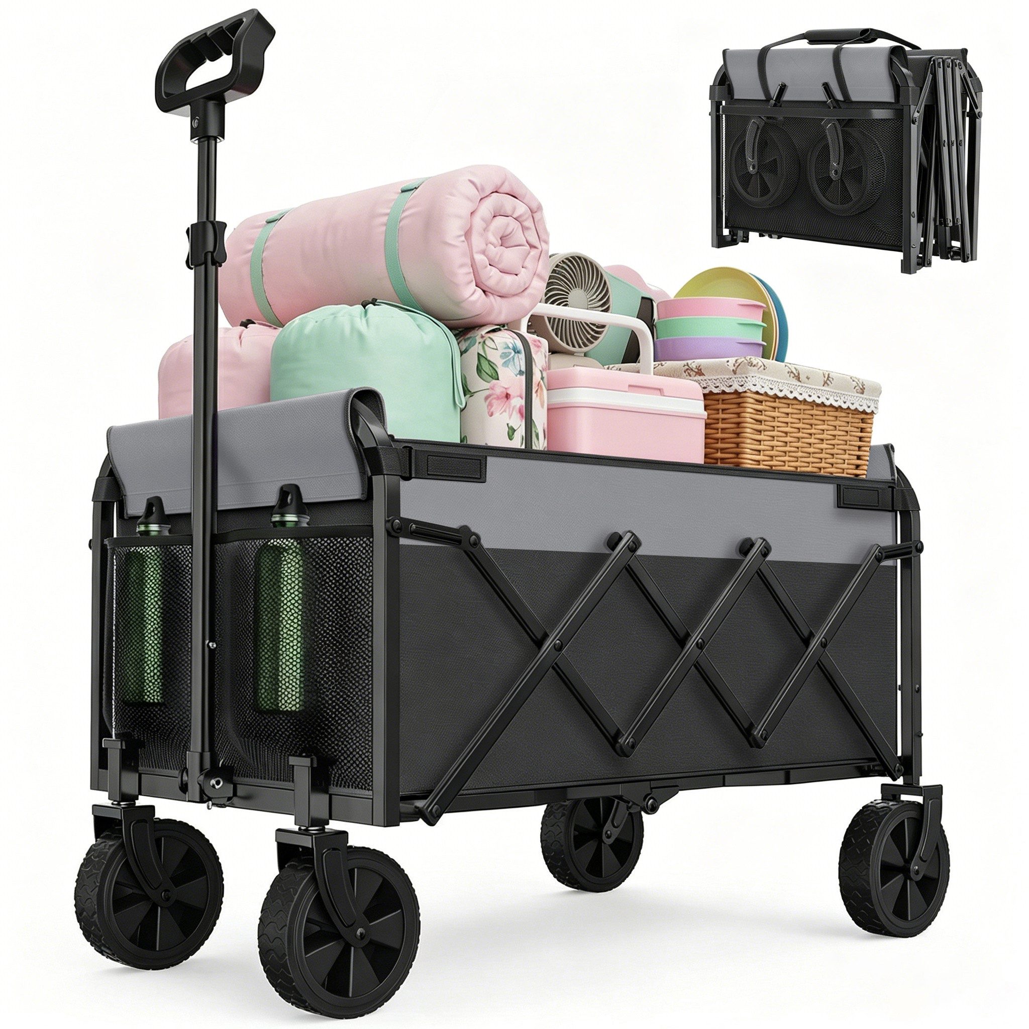 HOMECALL Bollerwagen Bollerwagen, Handwagen, Transportwagen, Strandbuggy, Gartenwagen (Faltbar 100 L, 100 kg 360° Rädern & Tragetasche, Einkaufswagen für Camping, Garten & Freizeit)