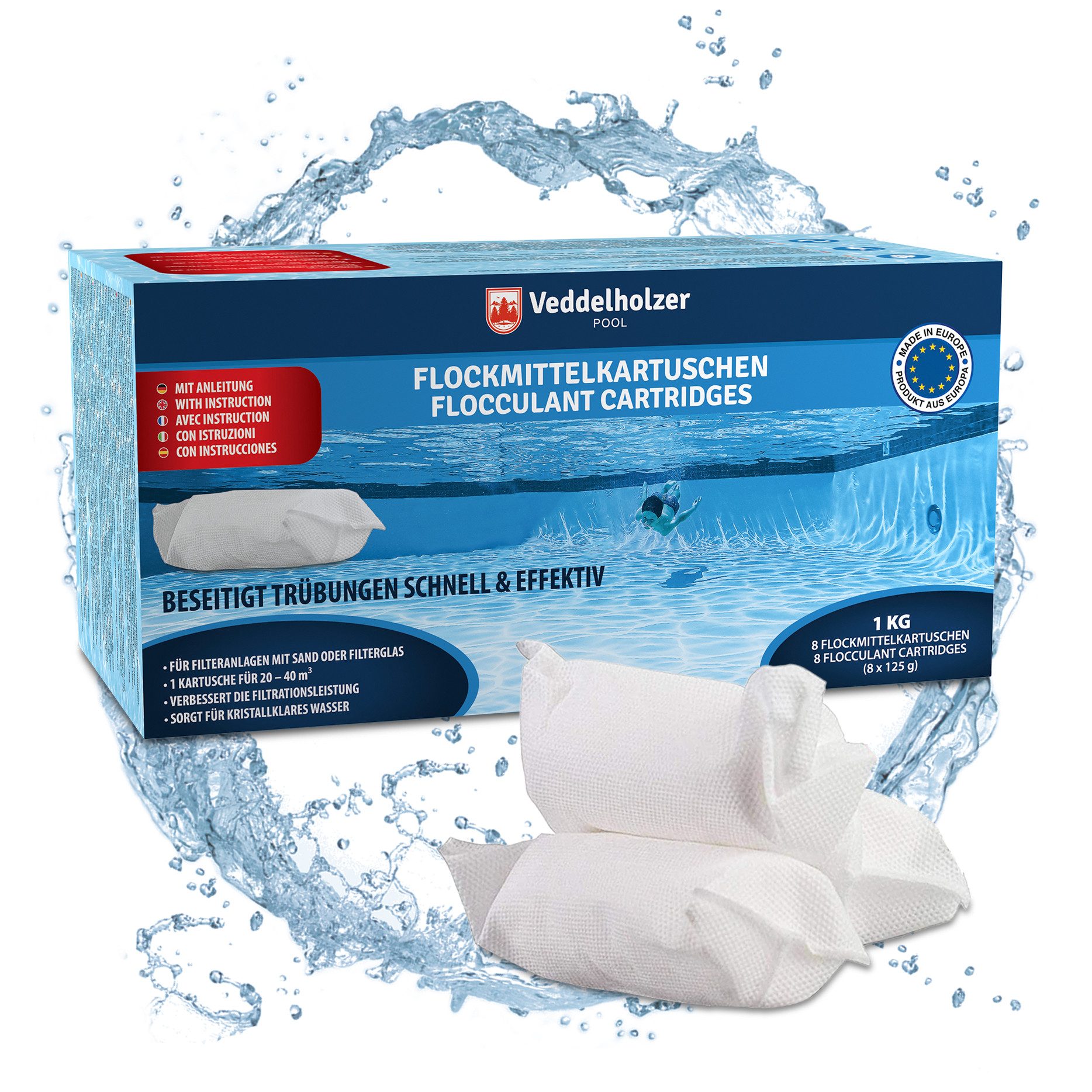 Veddelholzer Poolpflege 1kg Flockmittel Pool Kartuschen 8 x 125g für Filteranlagen Sand & Glas, (Pool Zubehör für klares Wasser, 1Kg, Poolklar, Poolpflege, effektiv gegen trübes Wasser), Pool Flockungsmittel als Poolreiniger