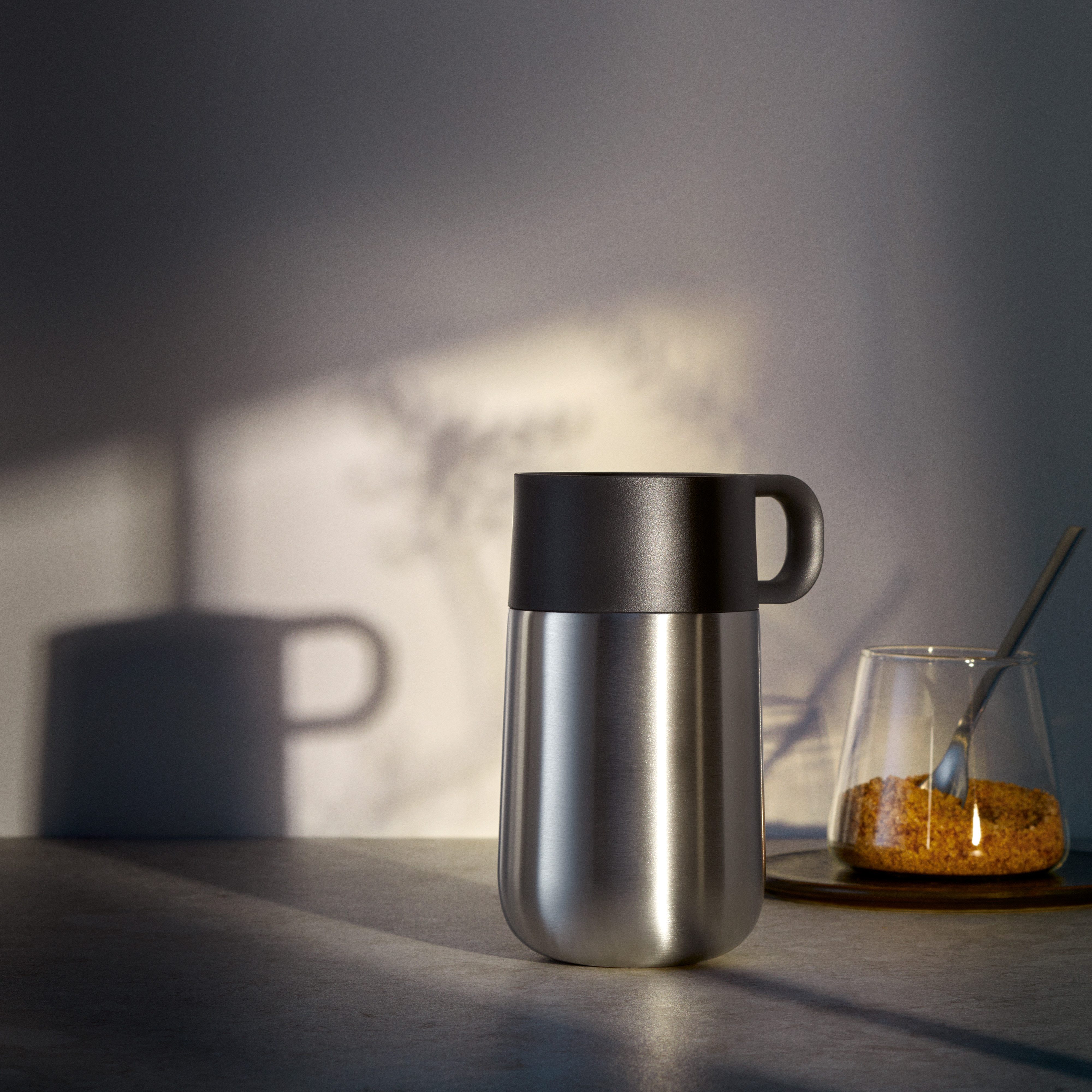 WMF Thermobecher Impulse Travel Mug, Cromargan® Edelstahl Rostfrei 18/10, Silikon, doppelwandiger Edelstahl, geringe Höhe, 360°-Trinköffnung