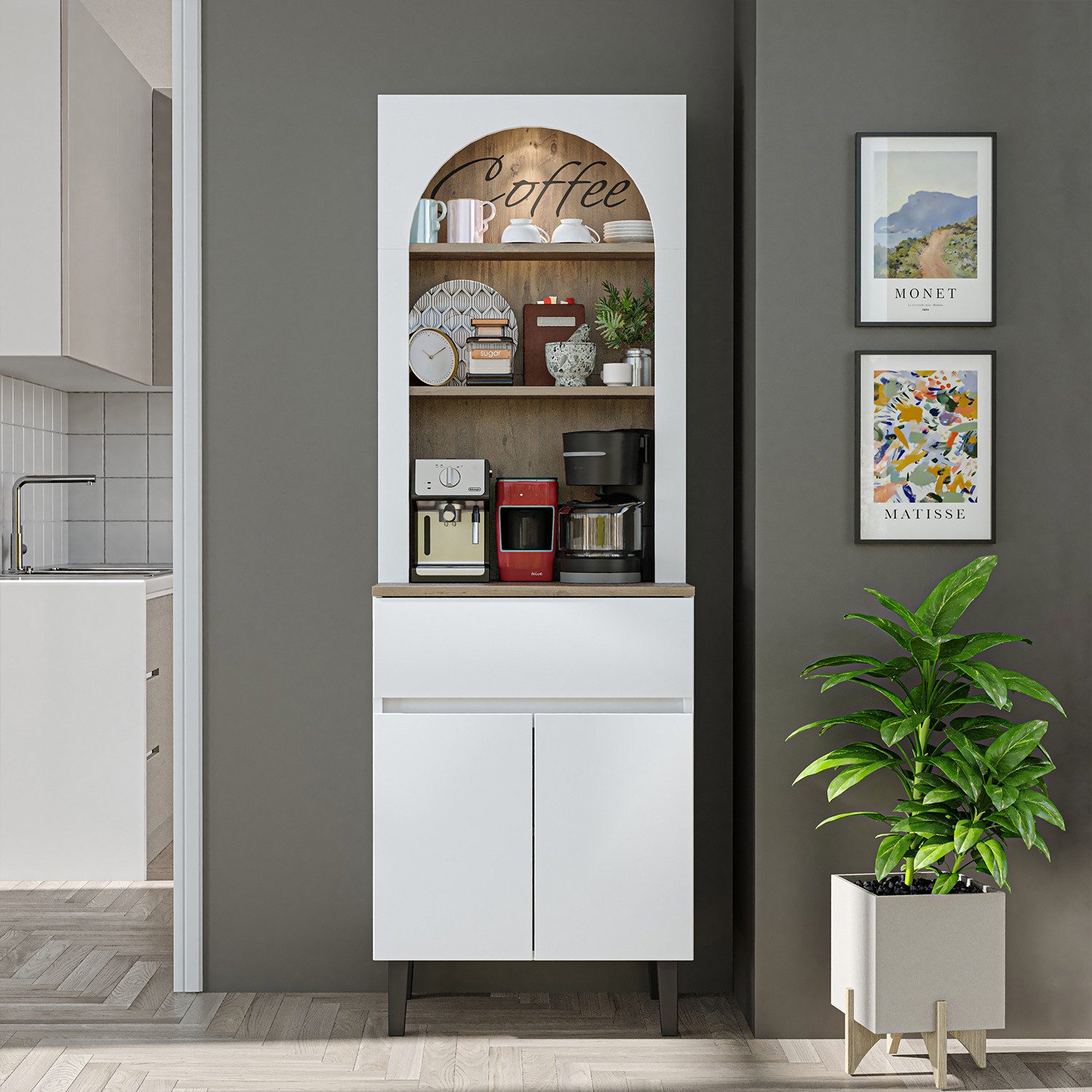 Roomart Küchenregal VENEDIK Küchenschrank 60 cm, Buffet, Schublade in 4 Farben, Buffet- & Mehrzweckschrank, LED Bogennische, Schublade, 4 Farben, 18 mm Platten