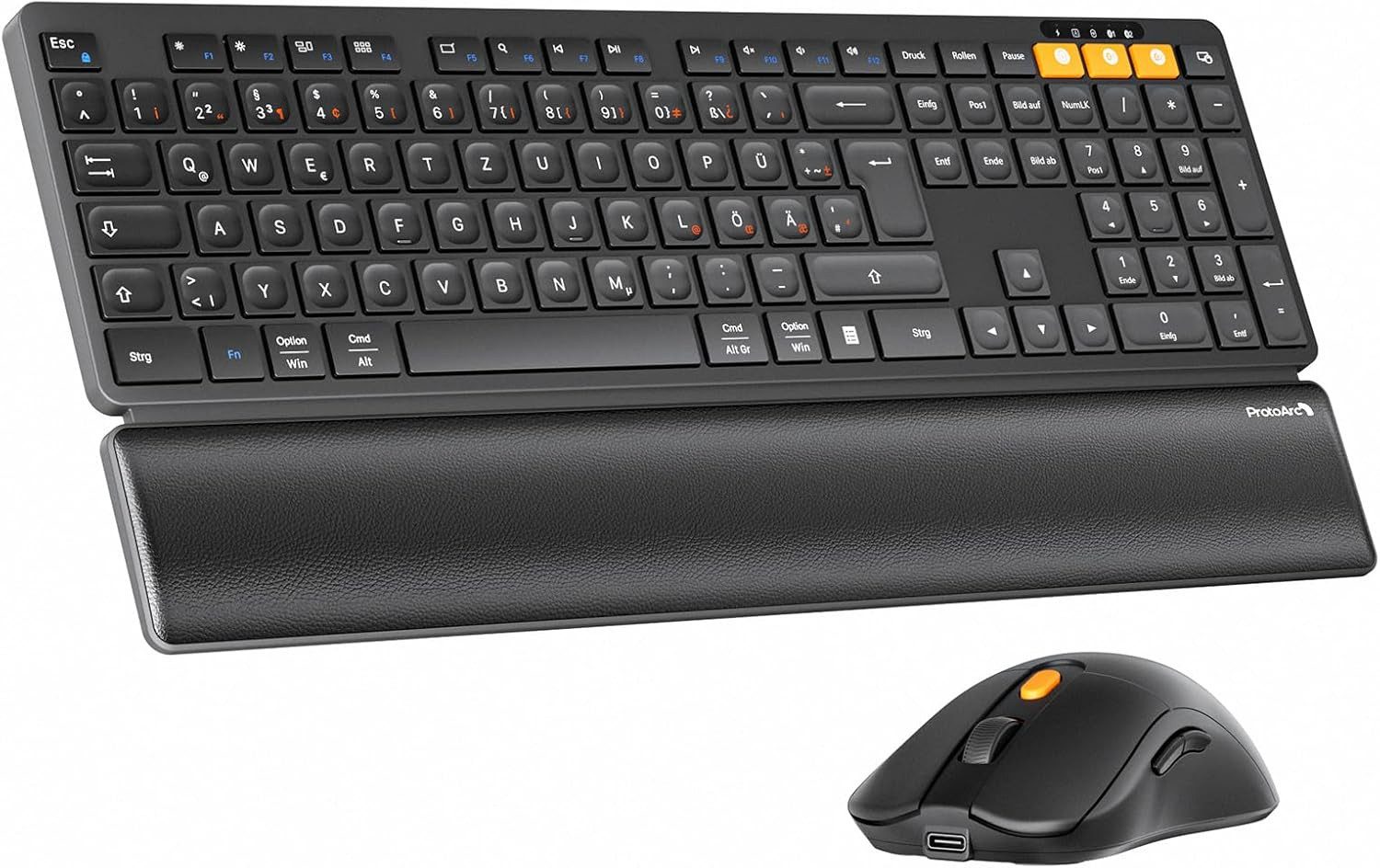 ProtoArc Kabellos Bluetooth Tastatur Maus mit Handballenauflage Tastatur- und Maus-Set, (2.4GHz + Dual Bluetooth, Wiederaufladbar), KM60 Full-Size Tastatur und Maus