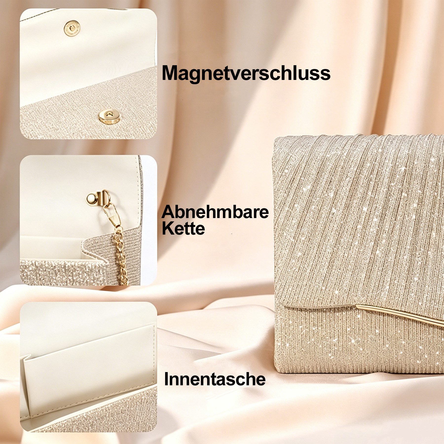 Keyura Abendtasche Damen Clutch Abendtasche Elegant mit Abnehmbarer Kette (Umschlagtasche Handtasche, für Hochzeit, Party, Ball, Braut, Cocktail), Festliche Umh – Bild 4 von 5