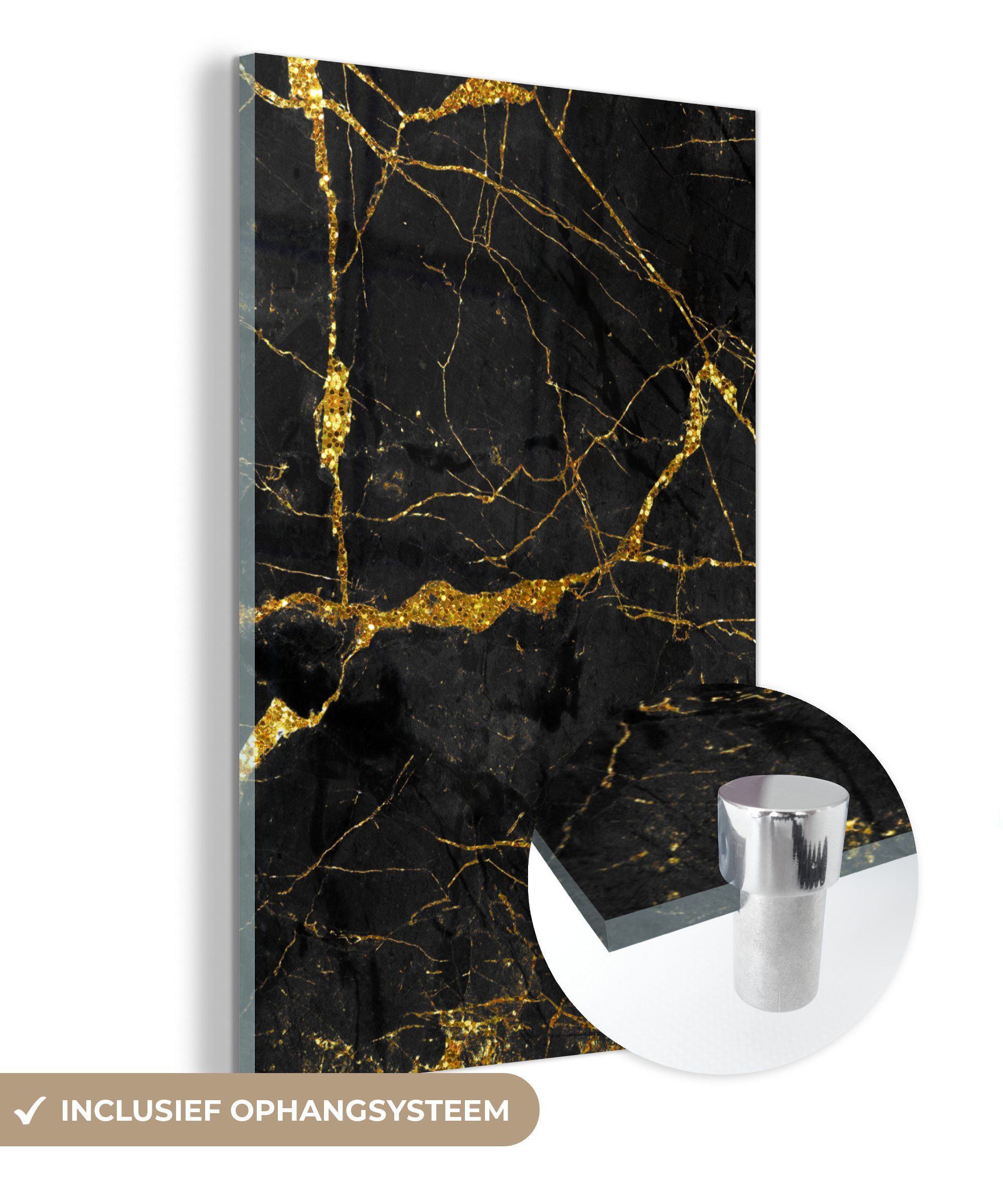 MuchoWow Acrylglasbild Marmor - Gold - Schwarz - Marmoroptik - Luxe - Glitzer, (1 St), Modern Bild auf glas Wohnzimmer Schlafzimmer bunt