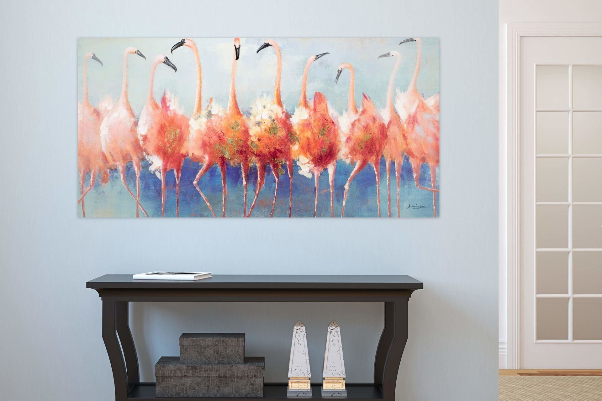 140x70 Twist der Wohnzimmer cm, Gemälde 100% Flamingos Wandbild Tango HANDGEMALT Leinwandbild KUNSTLOFT