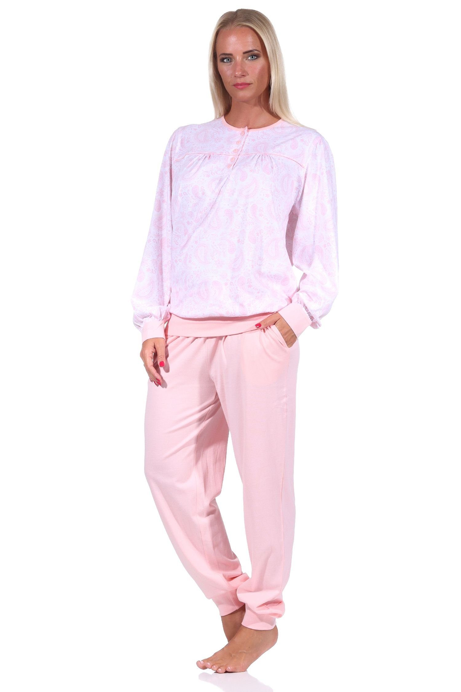 Damen Hals Bündchen + Schlafanzug am Design Knopfleiste rosa Paisley mit Pyjama Normann