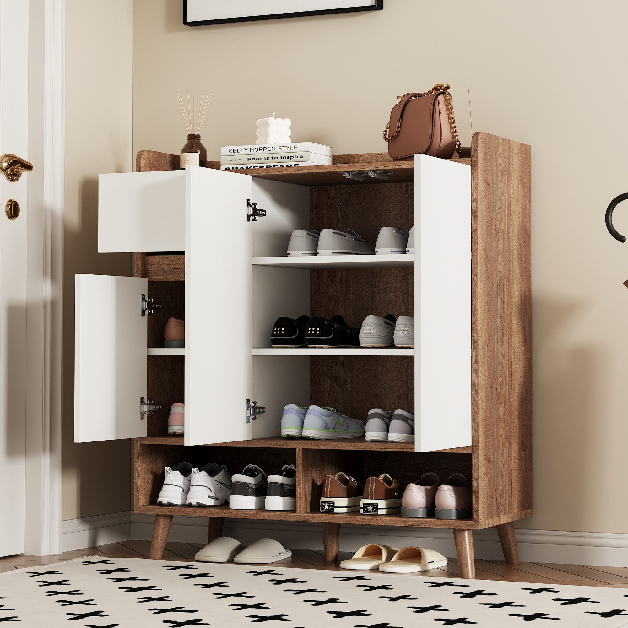 Refined Living Schuhschrank Kommode mit verstellbaren Einlegeböden, Sideboard mit Massivholzbeinen (Maße: H90 cm x B99 cm x T35 cm, Minimalistischer Home Organizer mit 5 Massivholzbeinen, stabil und langlebig, 1-St., Sicheres, abgerundetes Design, Aufbewahrung für Flur) Toller Stauraum,Griffloses Design mit einfachem Zugang, mehrzweckig