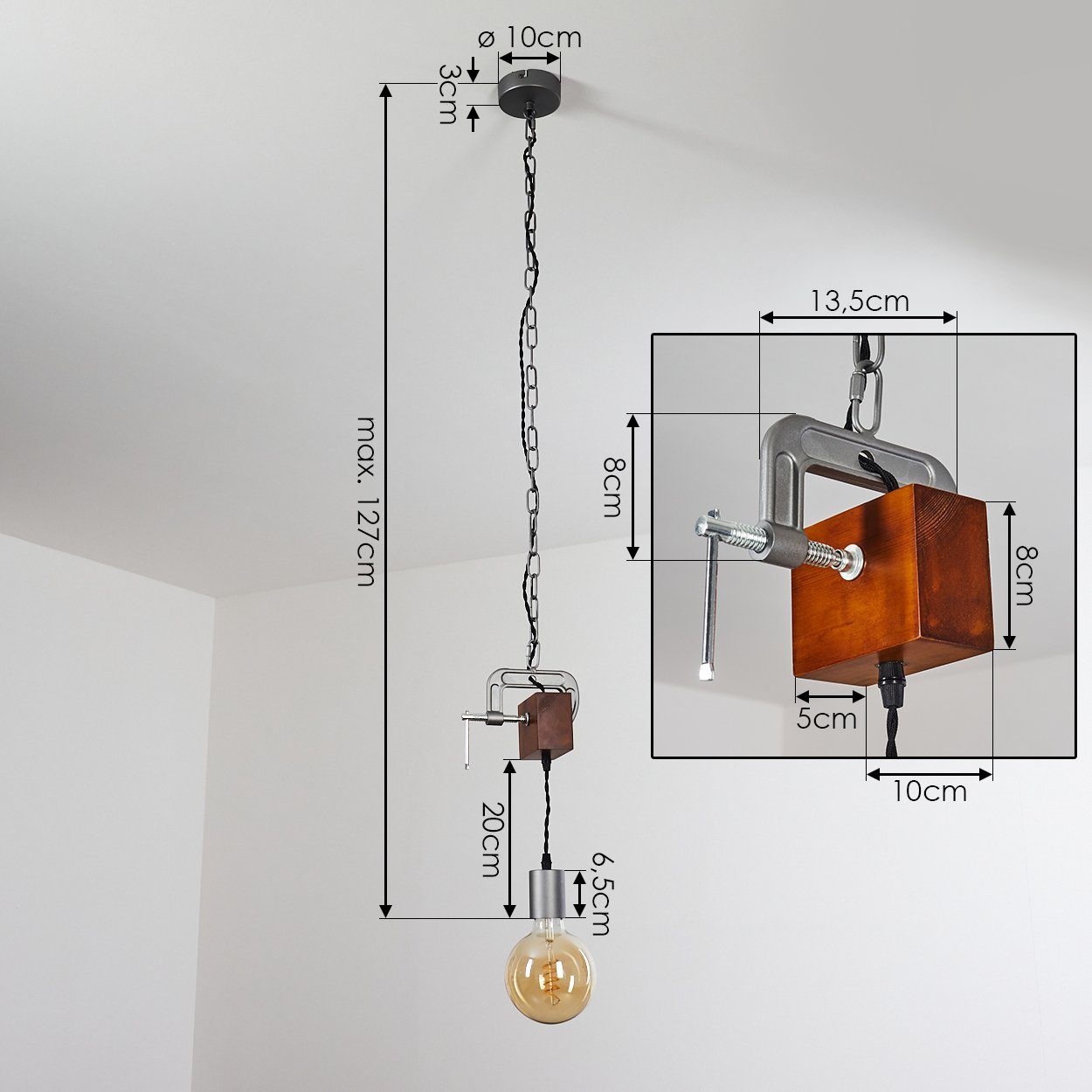 Leuchtmittel, dunklen Höhe ohne (verstellbar), Deckenlampe, und max. 127cm aus Hängeleuchte grau in Pendellampe hofstein 1xE27 »Zinga« Metall Holz,