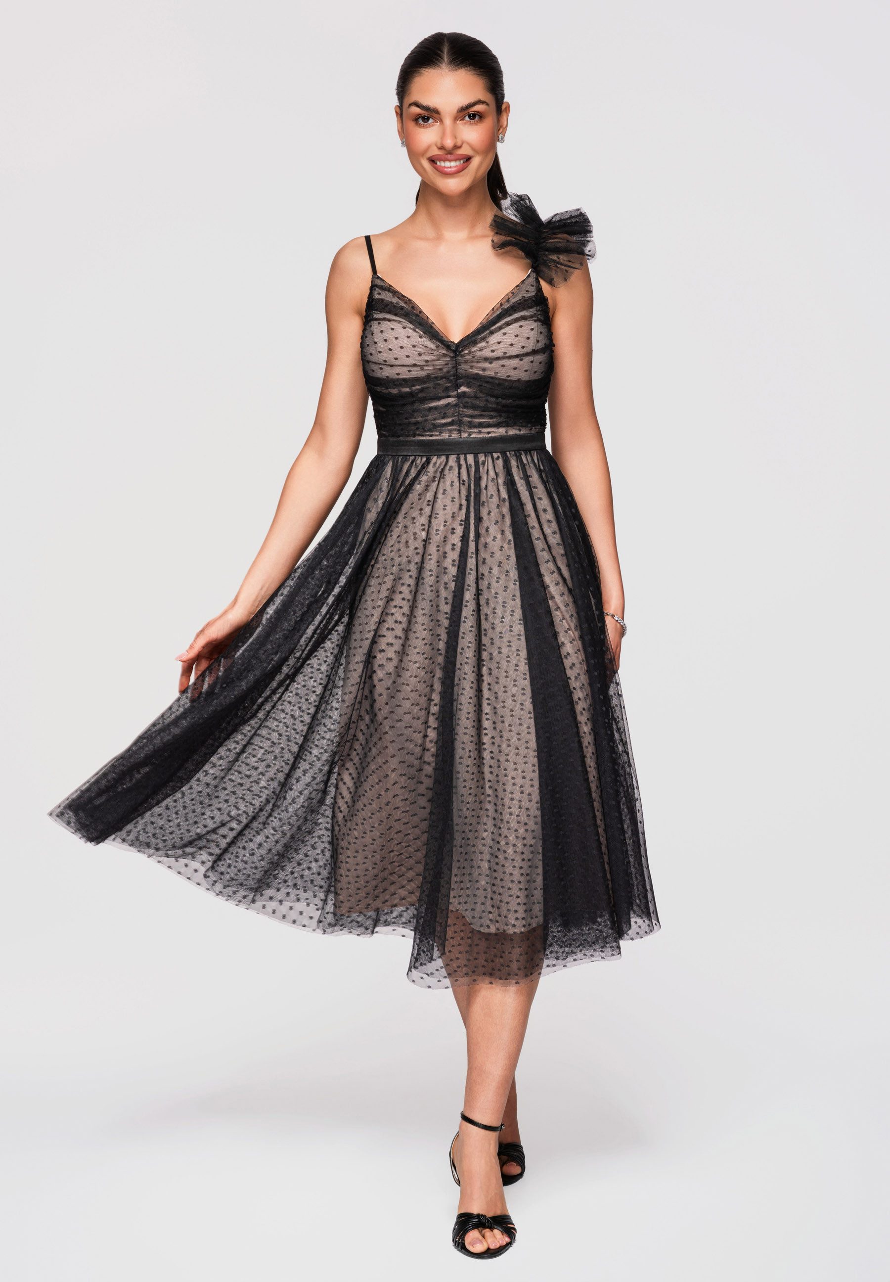 OMBRE Abendkleid Cocktailkleid Tüll Spitze Midi Schwarz L (kein Set, 1-tlg) Asymmetrische Applikation, transparente Struktur