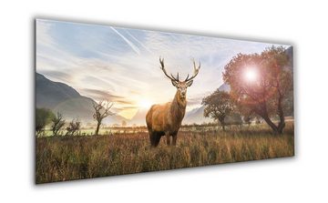 artissimo Glasbild Glasbild XXL 125x50 cm Bild aus Glas Wandbild groß Natur Tiere braun, Berge und Seen: Hirsch