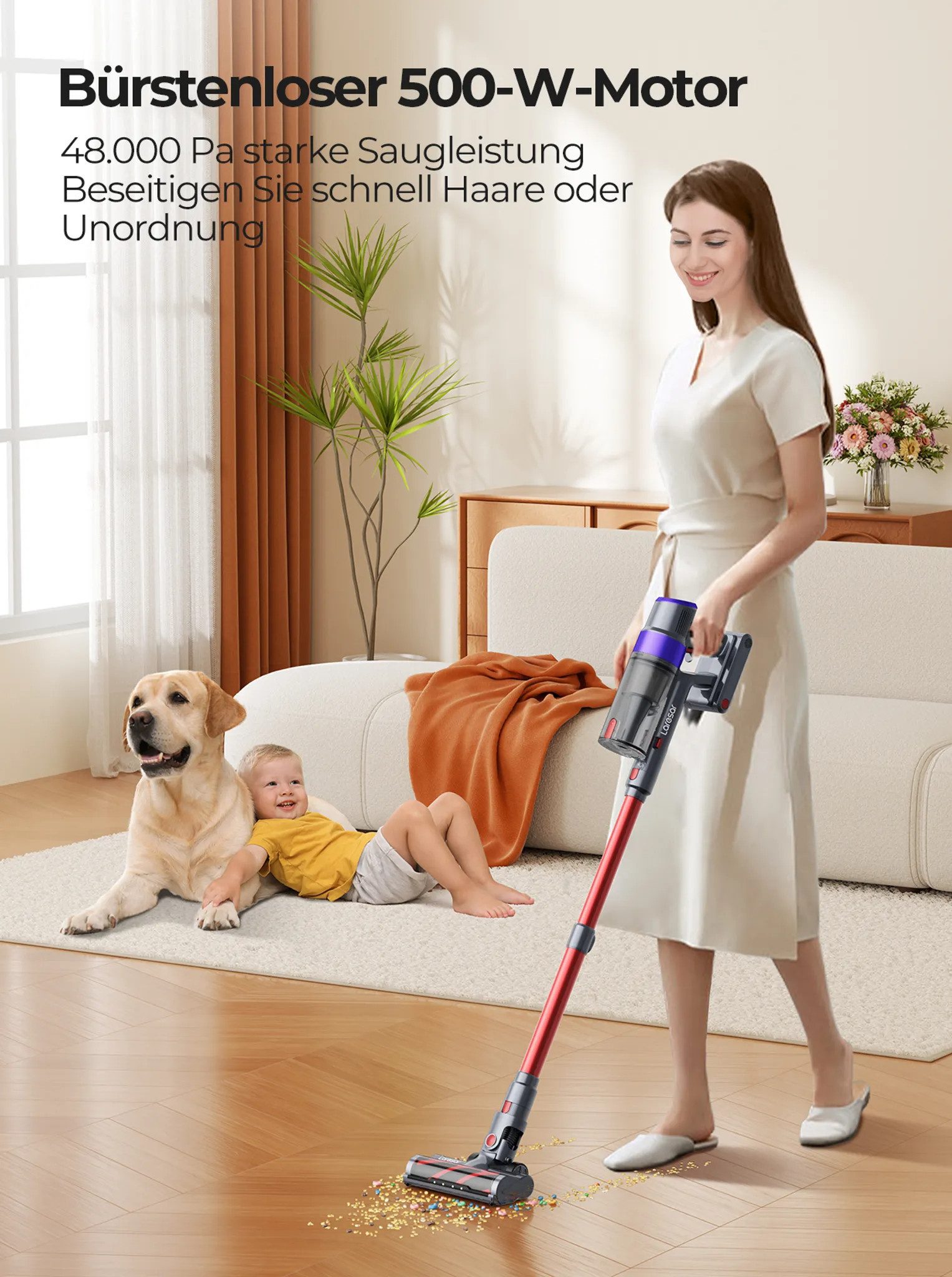 Laresar Stielstaubsauger V8 48000PA 500W Akku-Staubsauger kabellos Handstaubsauger, 500 W, 180.000 U/min, 60 Minuten Laufzeit, Filtert 99,9 % Feinstaub