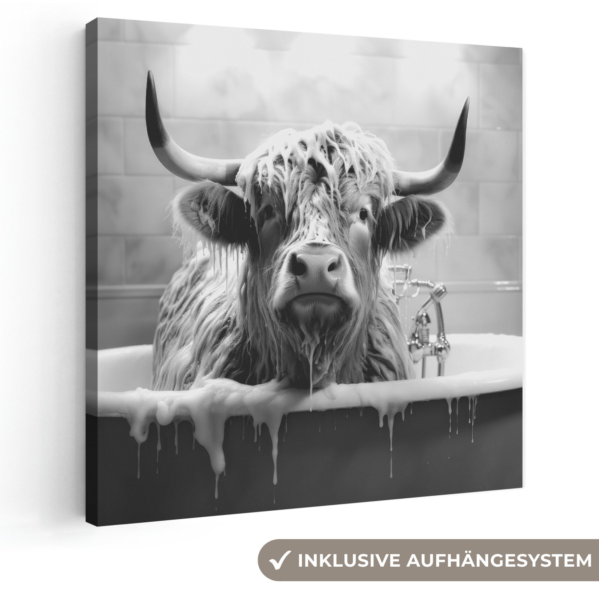 OneMillionCanvasses® Leinwandbild Schottischer Highlander - Schwarz und Weiß - Bad - Schaumstoff, Fotodruck (1 St), Wandbild, Deko Schlafzimmer Wohnzimmer Flur 20x20 cm