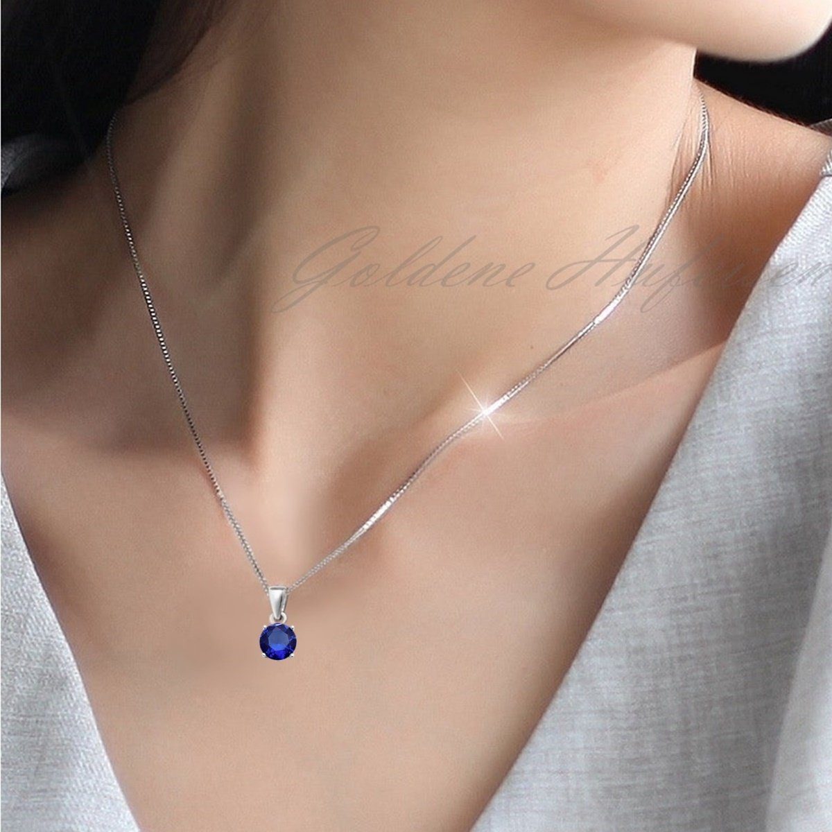 Goldene Hufeisen Kettenanhänger Saphirblau Zirkonia Rund Anhänger aus 925 Sterling Silber Rhodiniert (inkl. Schmuckbox), Anlaufgeschützt