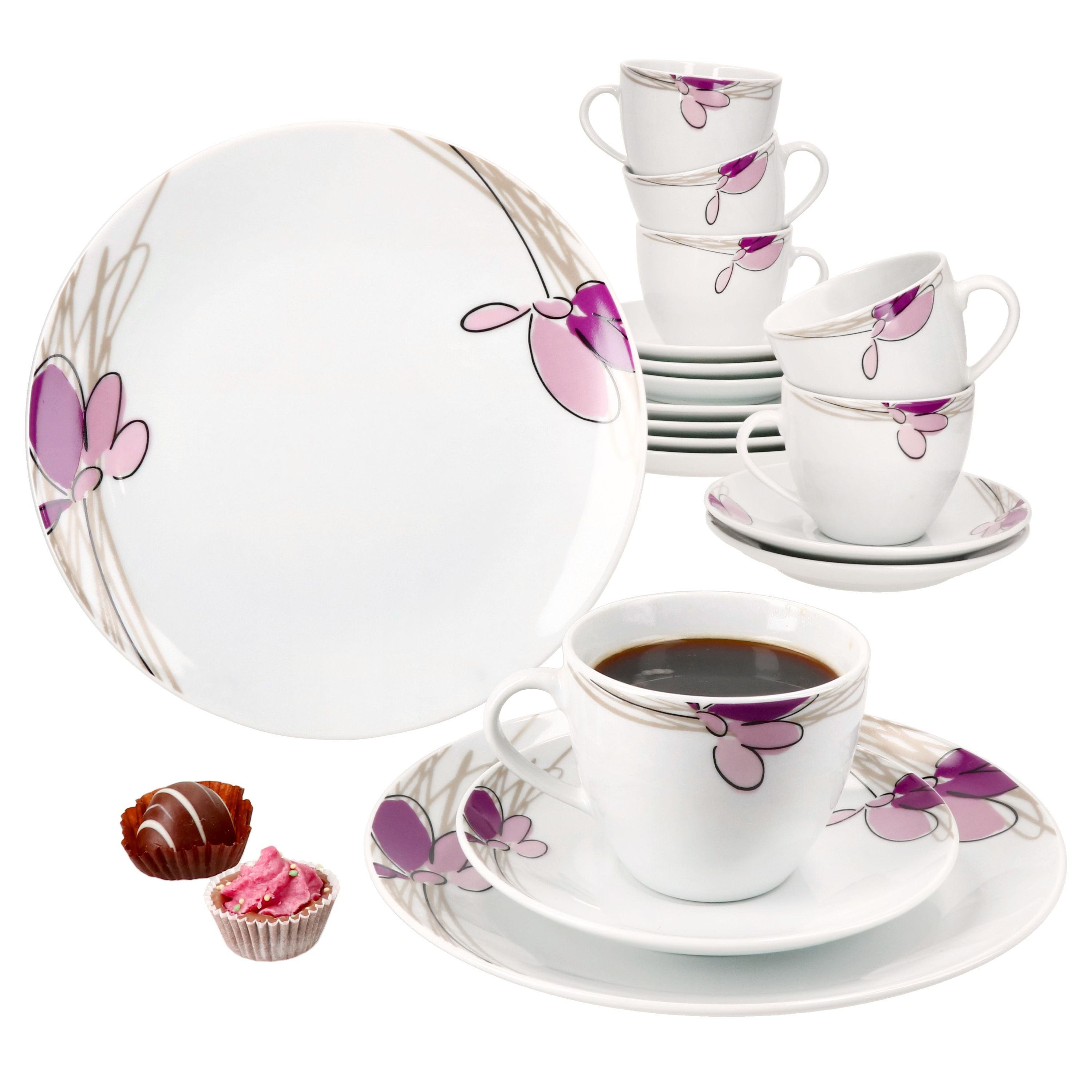 Kaffeeservice 18tlg Kaffeeservice Viola Porzellan 6 Personen Tassen Teller Blumen