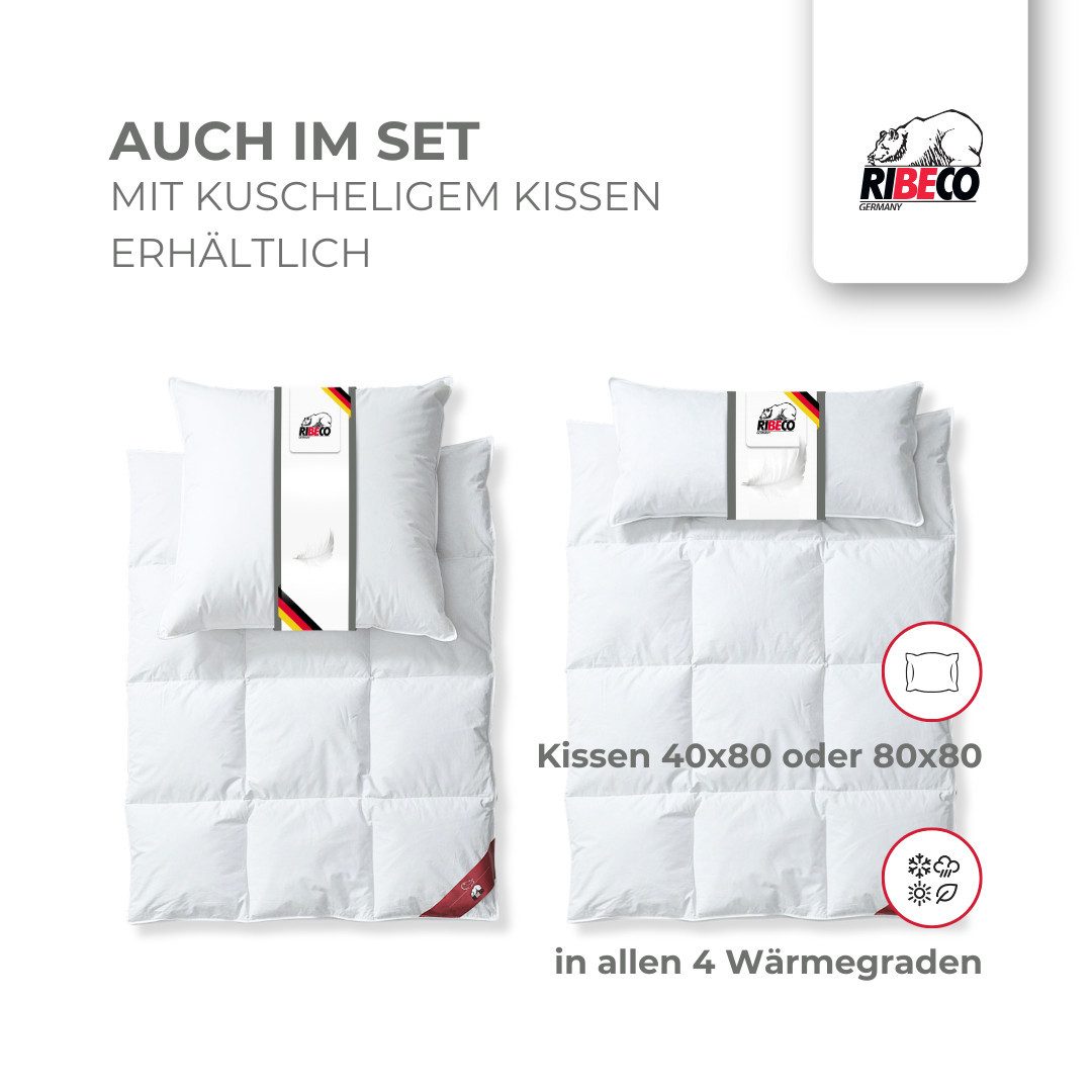 RIBECO Daunenbettdecke + Kopfkissen, Füllung: Bettdecke: 80% Daunen, 20% Federn, Kopfkissen: 85% Federn, 15% Daunen, Bezug: 100% Baumwolle, Daunenbettdeck & Federkissen Hergestellt in Deutschland
