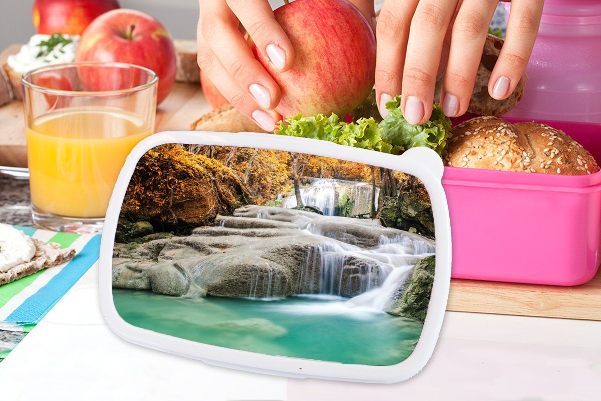MuchoWow Lunchbox rosa für Brotdose Wald (2-tlg), Herbst, Kunststoff Snackbox, Kunststoff, - Wasserfall Kinder, Mädchen, - Brotbox Erwachsene
