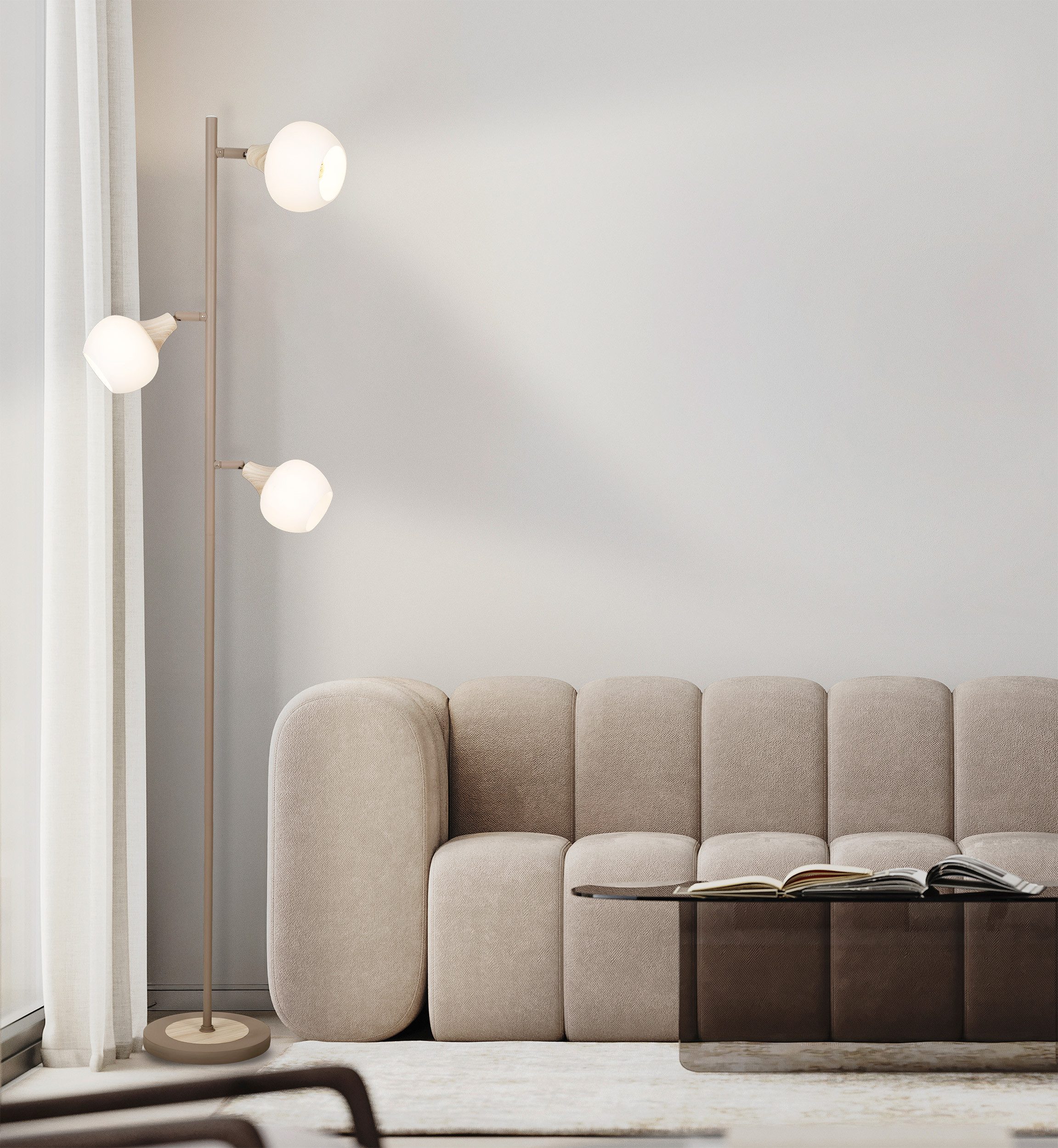 näve Stehlampe Monaco, ohne Leuchtmittel, 3xE14, Glasschirm, Holzstrukturdetail auf Sockel und Fassungshalterung