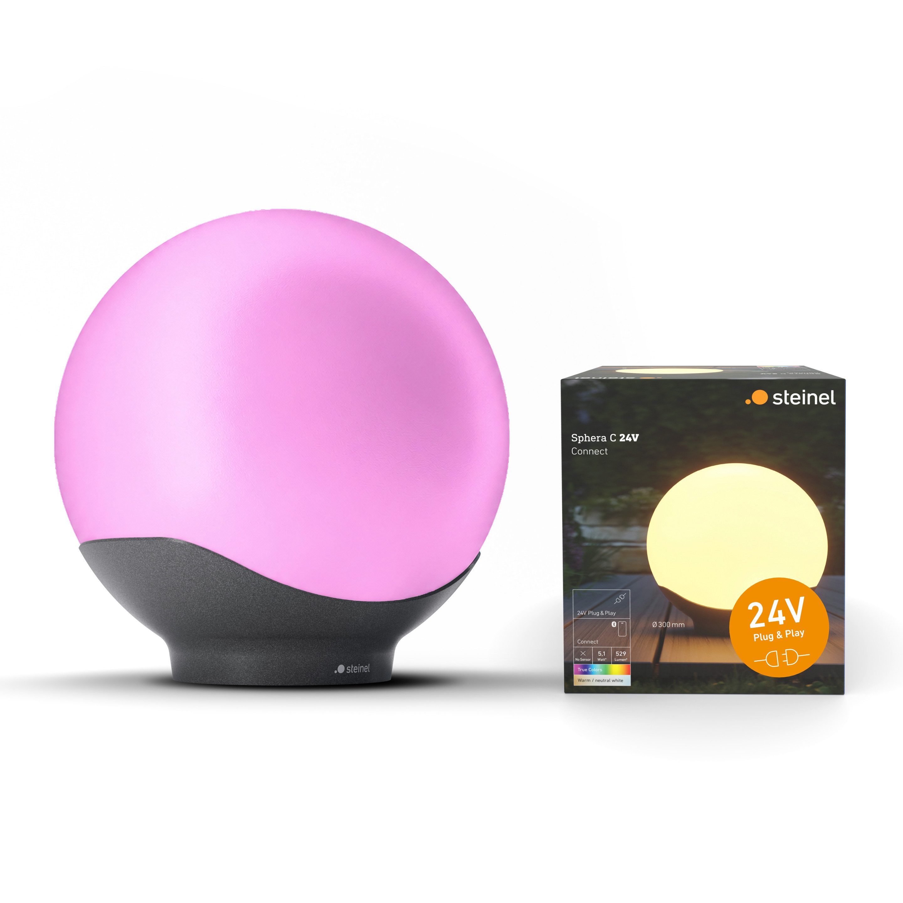 steinel LED Kugelleuchte Sphera C 24 V, LED fest integriert, 16 Mio. Farben, RGBWW, 300mm, Dämmerungssensor, dimmbar, Zeitschaltuhr, Plug & Play