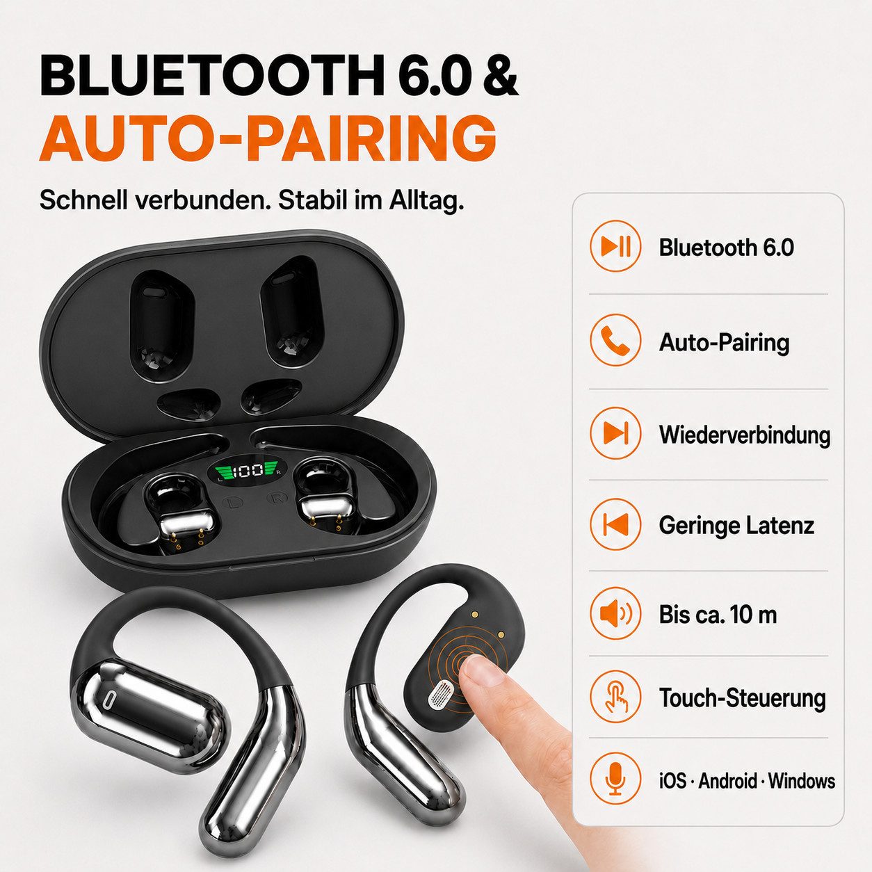 ibettertec Bluetooth Kopfhörer kabellos mit Ohrbügel Open-Ear-Kopfhörer (Sportkopfhörer mit Ohrhaken für Joggen, Fitness, Laufen und Training, 60 Std. Laufzeit, – Bild 4 von 5