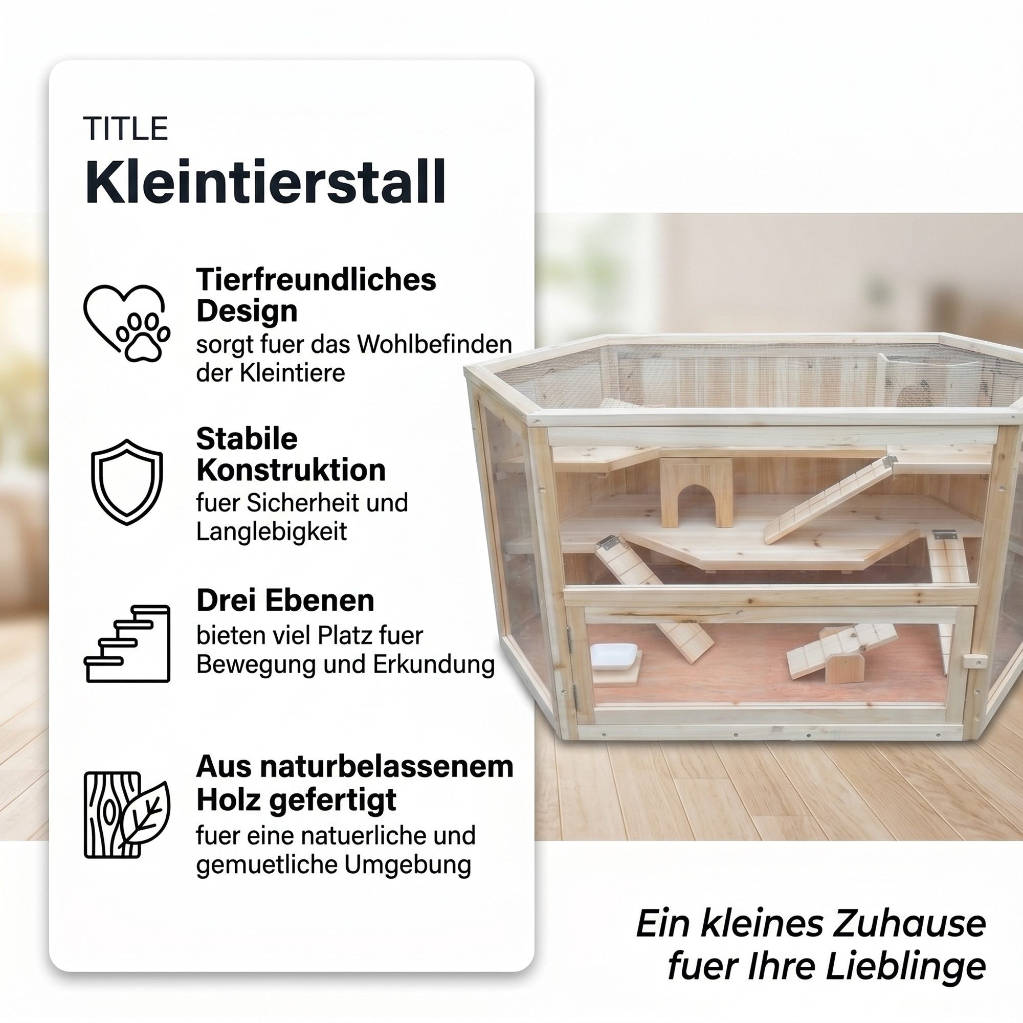 Mucola Tierhaus Kleintierkäfig Hamsterkäfig Nagerkäfig Holz Stall Nagerstall Käfig, Naturbelassen