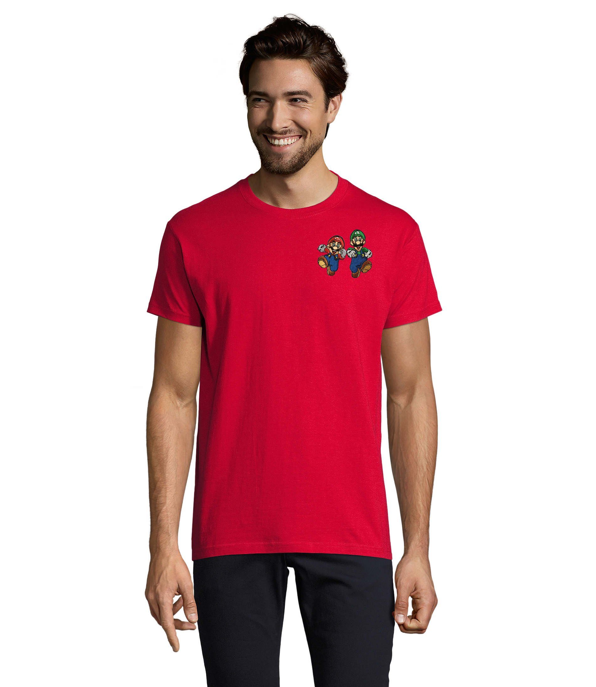 Blondie & Brownie T-Shirt Herren Stick Nintendo Rot Luigi Konsole bestickt & Gaming Peach Brust Mario