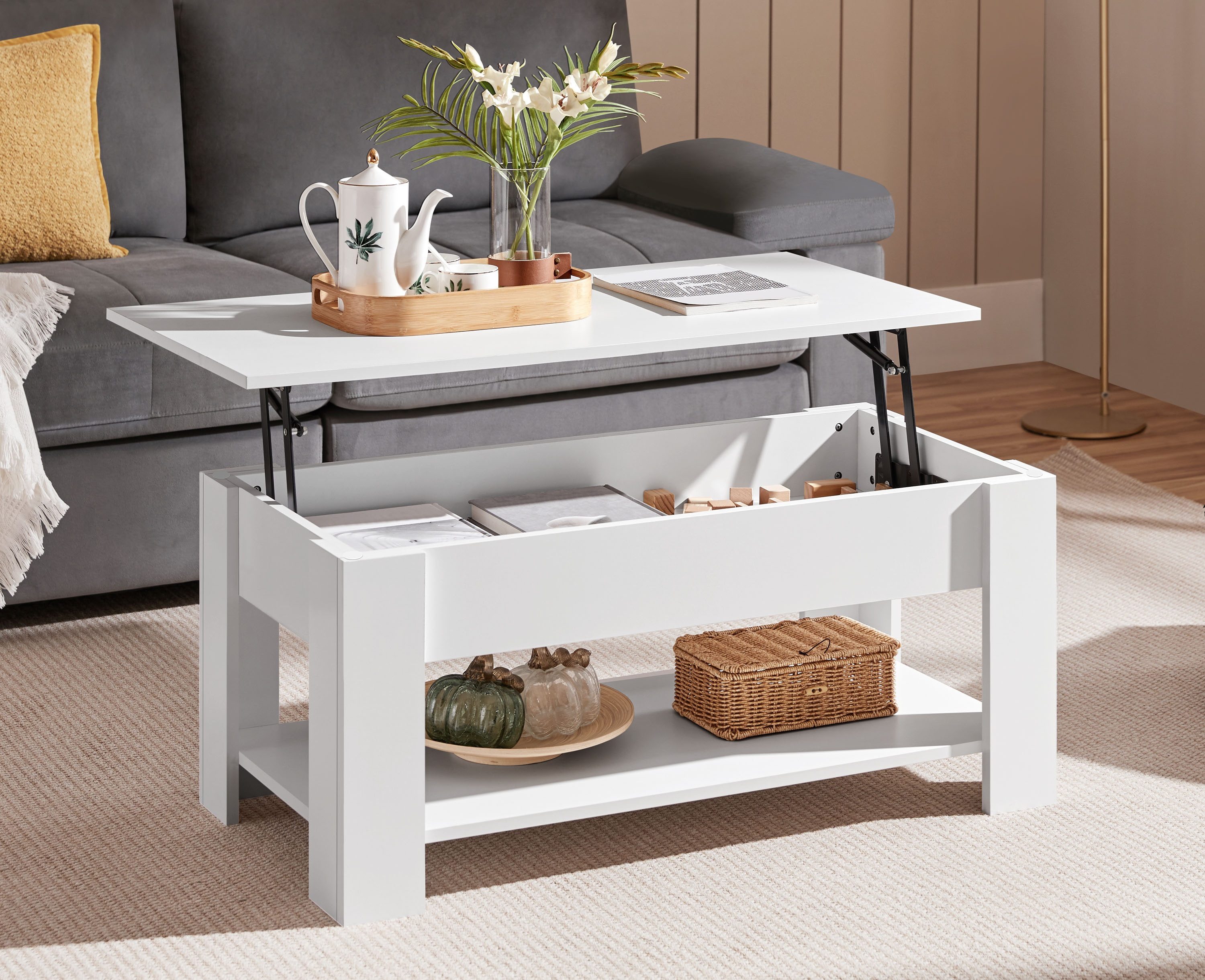 Yaheetech Couchtisch Höhenverstellbarer Kaffeetisch mit Verstecktem Staurau günstig online kaufen