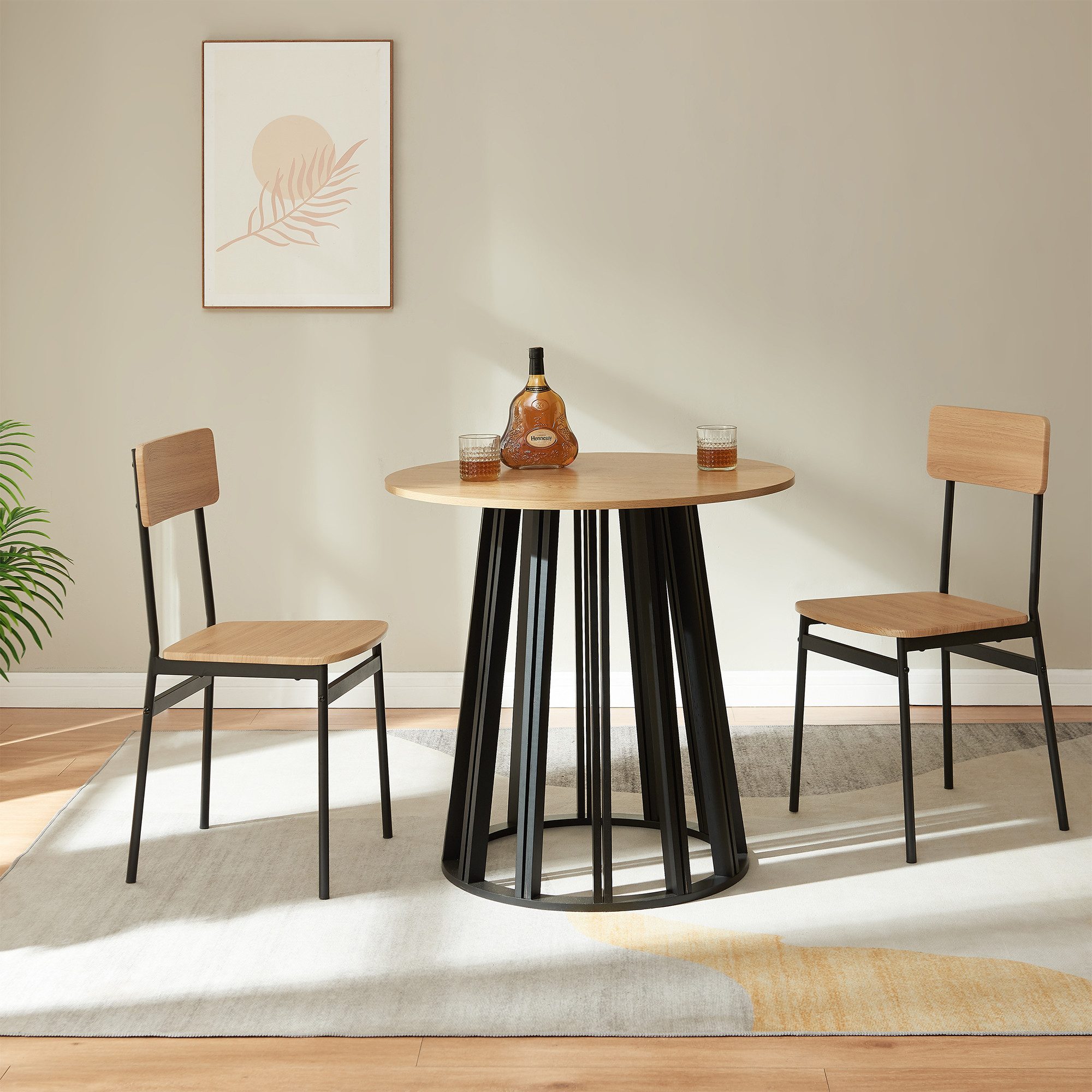 en.casa Esstisch, »Lensuu« 76 x Ø80 cm Metallgestell rund Schwarz/Eicheoptik