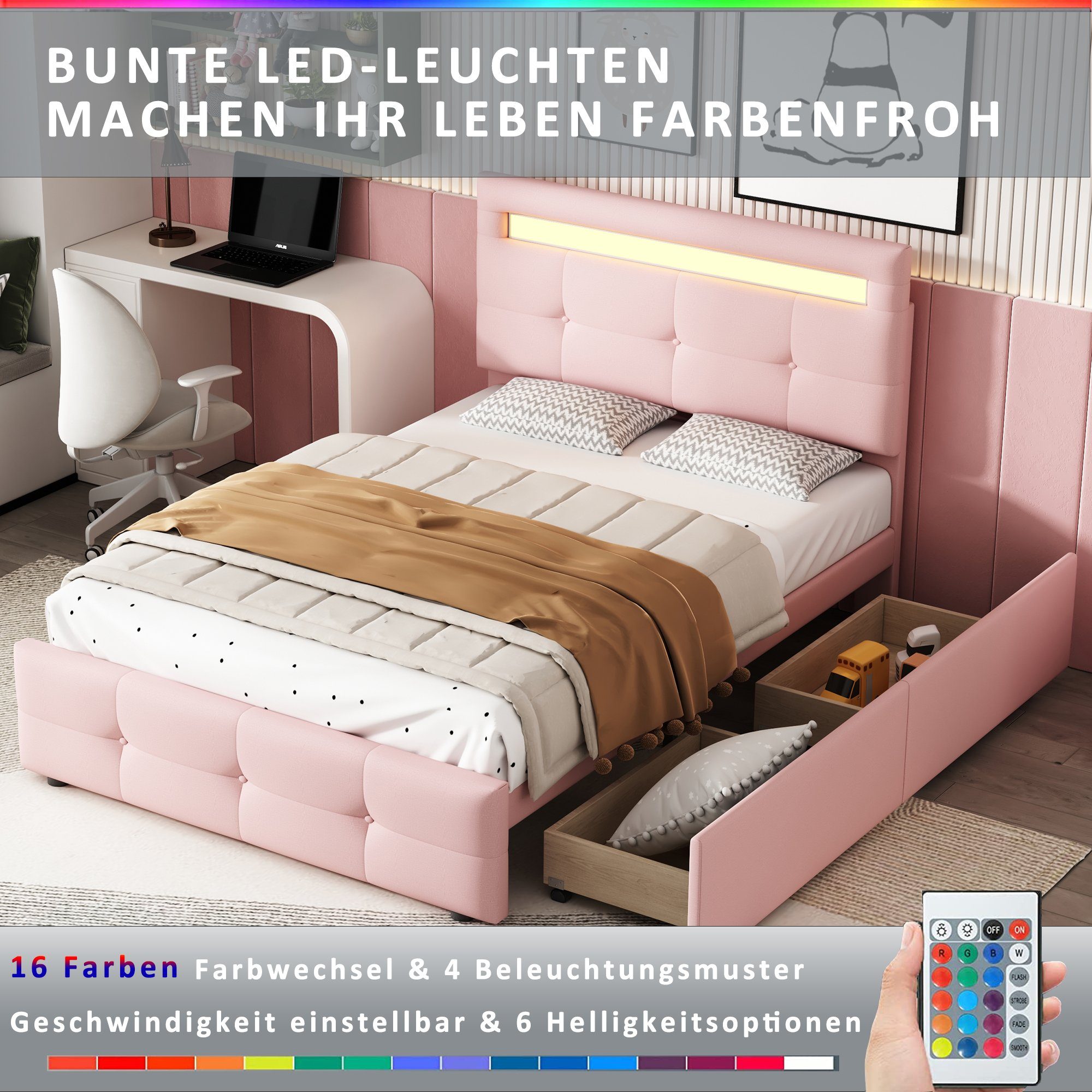 OKWISH Bett Kinderbett Jugendbett rosa (mit hautfreundlicher Matratze Gästebett 200x90cm, flach), LED-Leuchten, Polsterbett Leinenpolsterung 2 Schubladen, Ohne