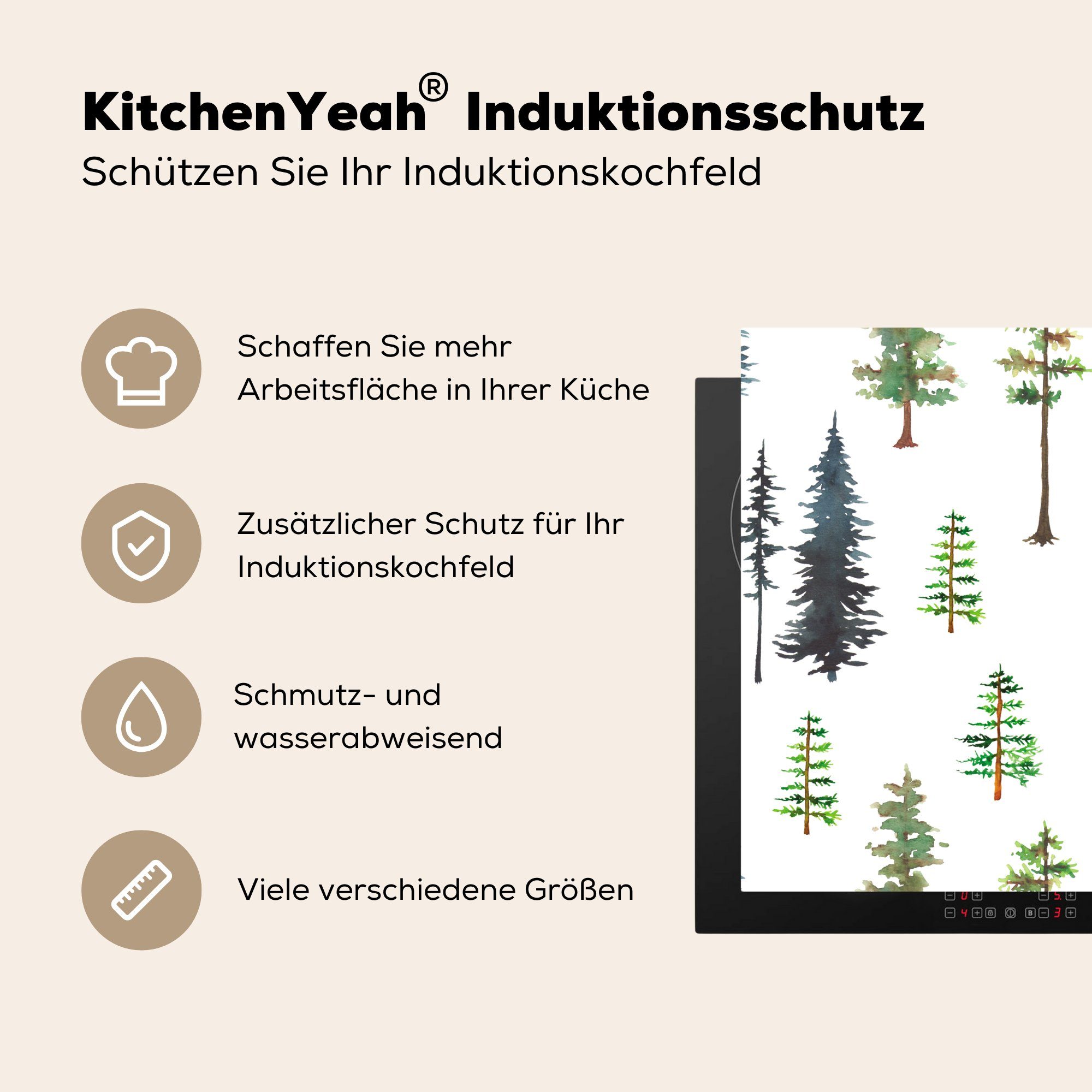 - - küche Herdblende-/Abdeckplatte Bäume Ceranfeldabdeckung, Vinyl, für Muster, Arbeitsplatte MuchoWow (1 cm, Aquarelle tlg), 78x78