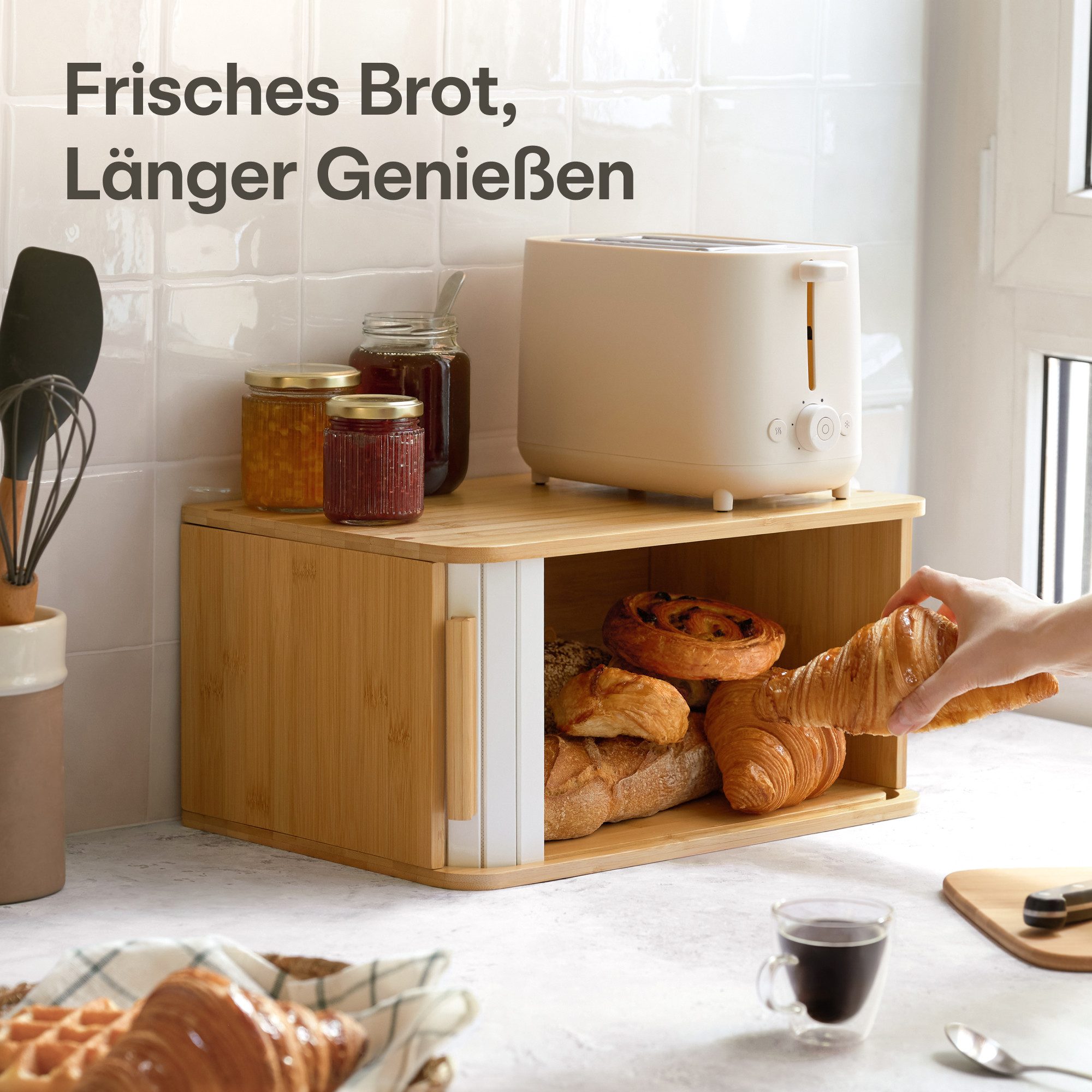 Praknu Brotkasten Brotkasten Groß aus FSC® Holz mit Schiebetür - Brotaufbewahrung, Bambus, FSC® Holz - Platzsparend und stilvolle Brotbox für längere Frische